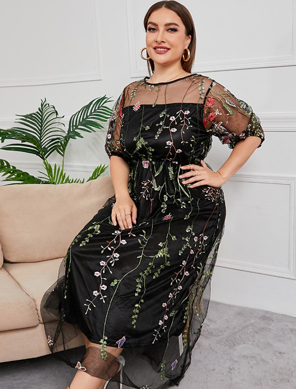 Vestidos de Madre de la Novia Talla Grande Curvas Ocultar Vientre Fiesta Talla Grande Ocultar Vientre Escote Redondo Largo hasta el Tobillo Tul Media Manga con Bordado Fruncido