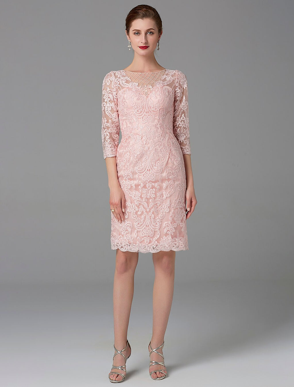 Vestido de madre de la novia de dos piezas, estilo tubo/columna, con brillo y brillo, cuello joya, largo hasta la rodilla, de gasa, con encaje, mangas 3/4, chaqueta y apliques de cuentas.