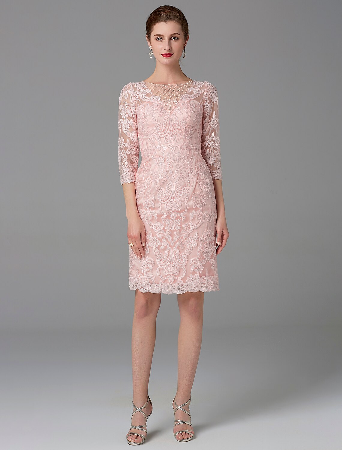Vestido de madre de la novia de dos piezas, estilo tubo/columna, con brillo y brillo, cuello joya, largo hasta la rodilla, de gasa, con encaje, mangas 3/4, chaqueta y apliques de cuentas.