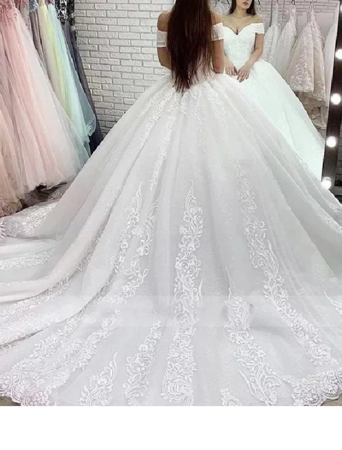 Vestidos de novia formales de compromiso, vestido de baile, hombros descubiertos, manga corta, cola capilla, vestidos de novia de encaje con apliques