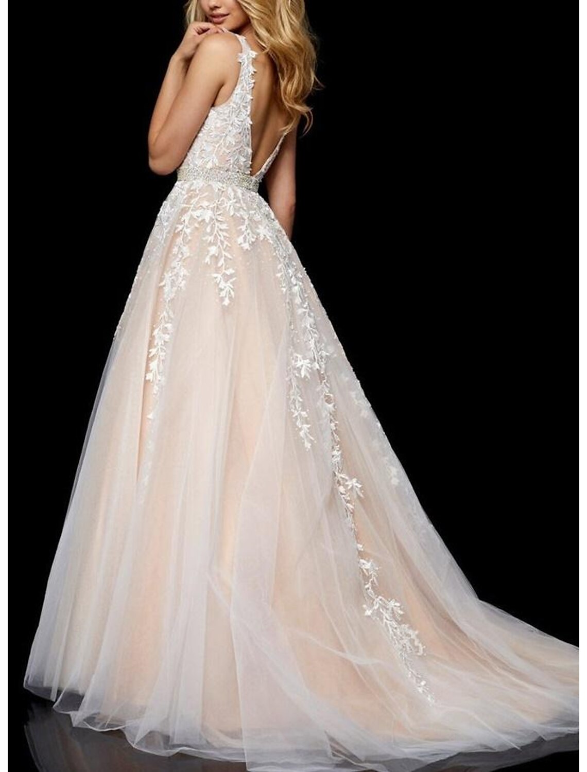 Abiti da ballo a trapezio, eleganti, formali, lunghi fino al pavimento, senza maniche, scollo a V, in tulle con applicazioni di ricami di perline