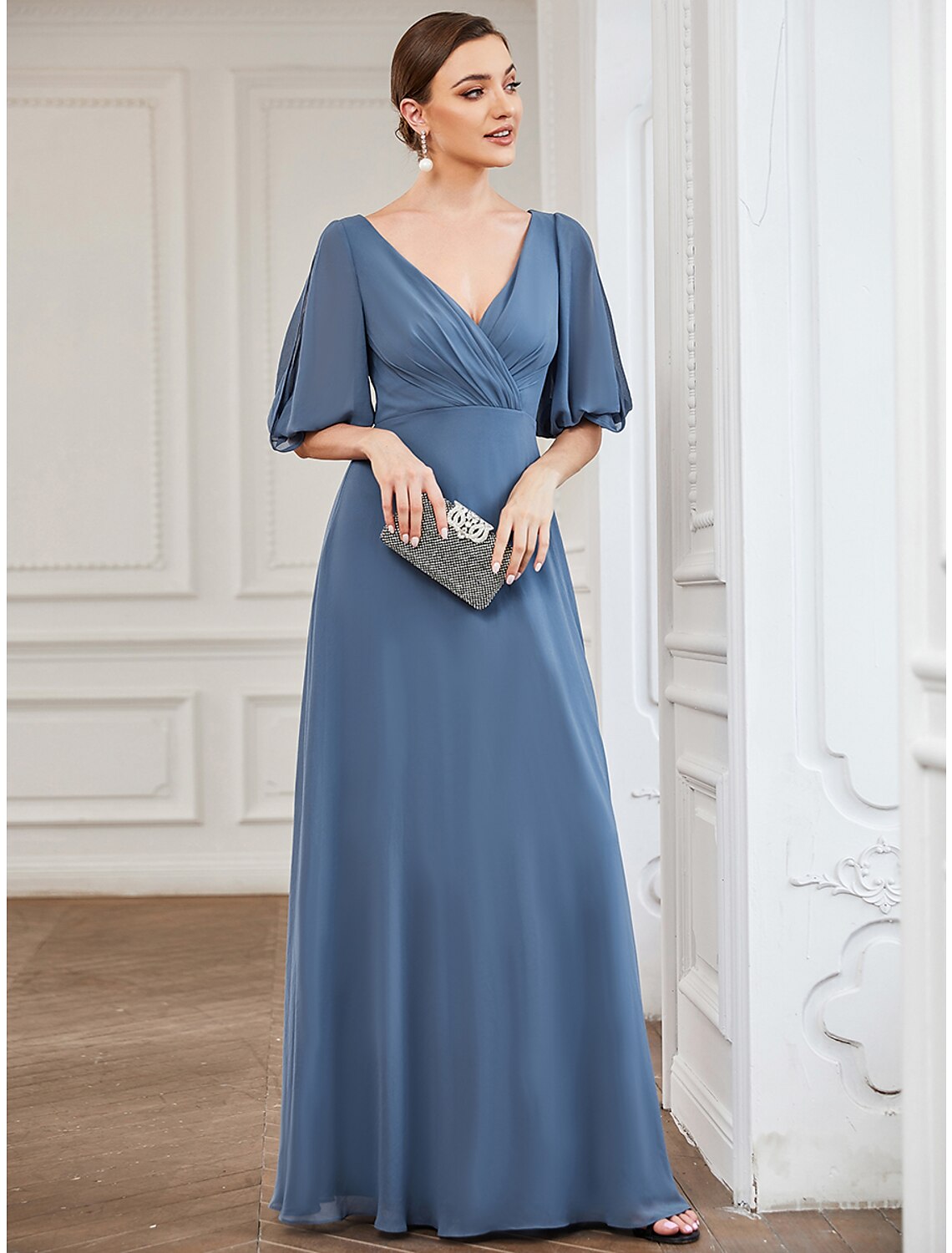 Dusty Blue Chiffon A-Line Floor-Length Bridesmaid Dress - Draped V-Neck & Flutter Sleeves