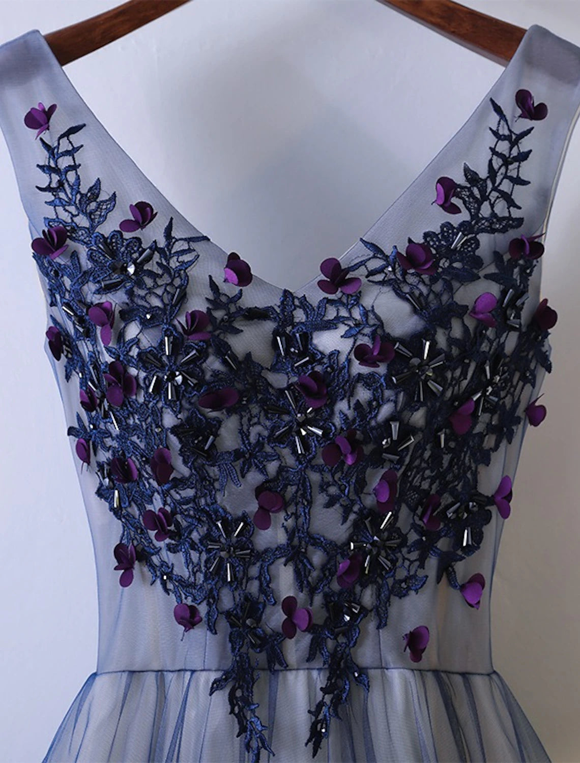 Dusty Blue Tulle A-Line Floor-Length V-Neck Evening Dress - Embroidered Bodice