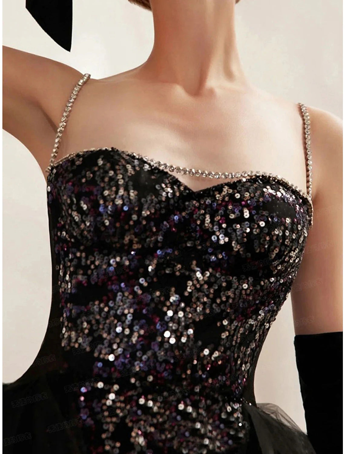 Vestido de noche de corte A, vestido negro brillante, vestido para sesión de fotos de graduación, largo hasta el suelo, sin mangas, sin tirantes, con lentejuelas