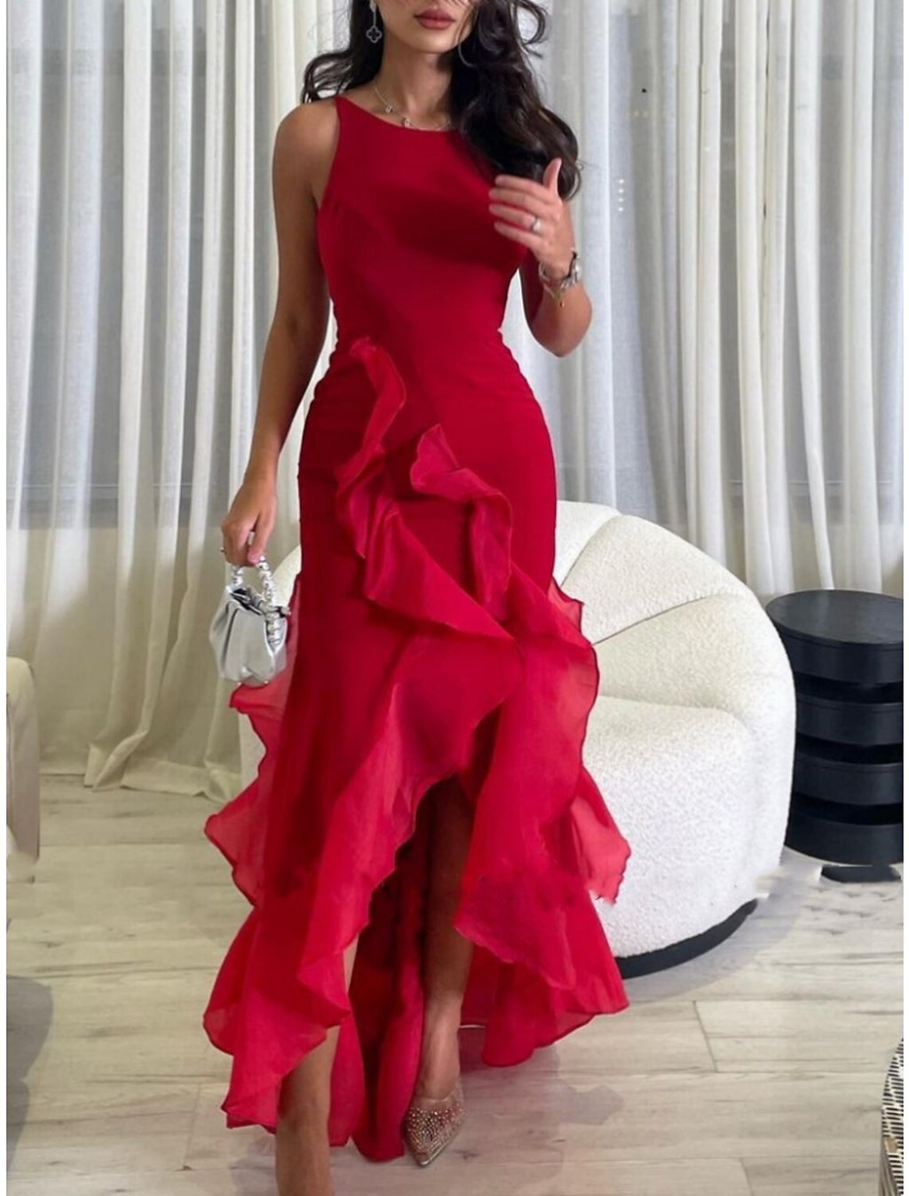 Red Crepe Sheath/Column Boat Neck Floor-Length Dress with Cascading Ruffles & High Slit