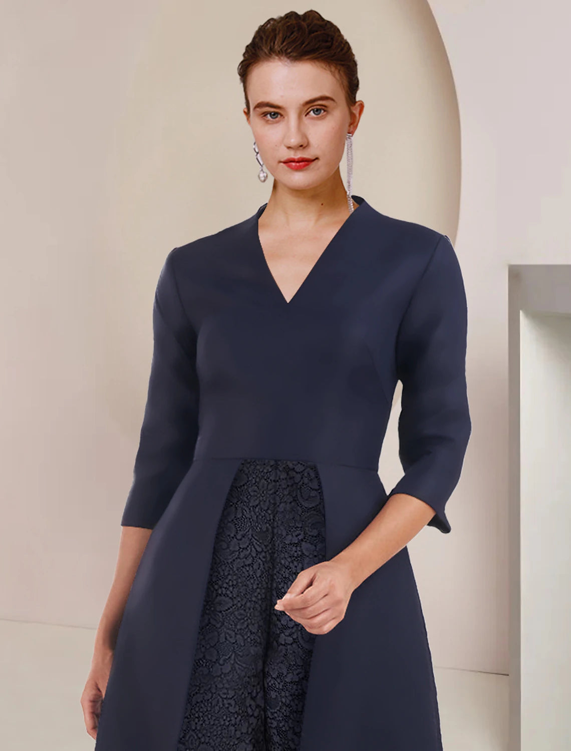 Dark Navy Crepe A-Line Tea-Length Evening Dress