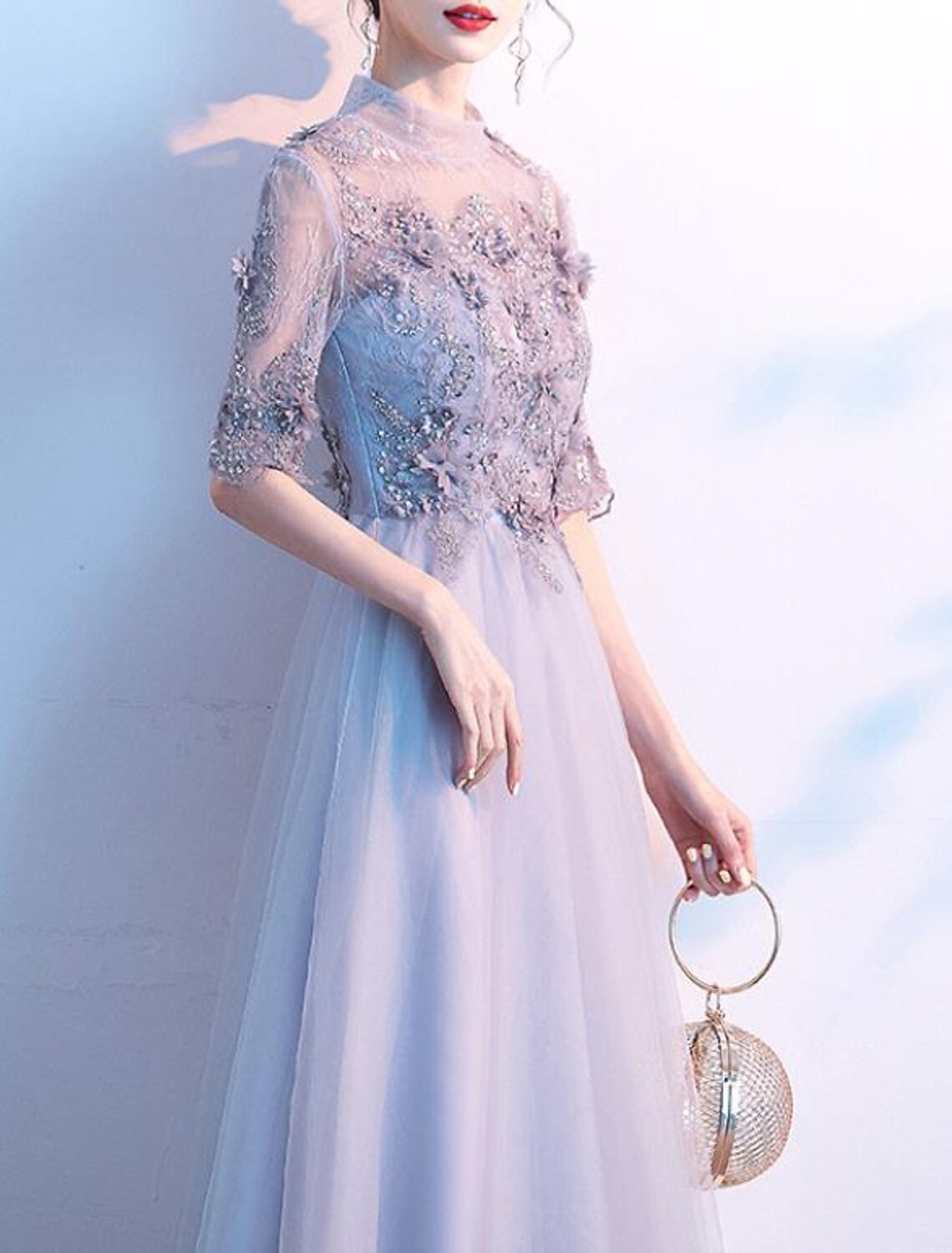 A-Line Cocktail Dresses Floral Dress Party Wear Wedding Guest Knee Length Half Sleeve High Neck Lace with Pleats Sequin Appliques