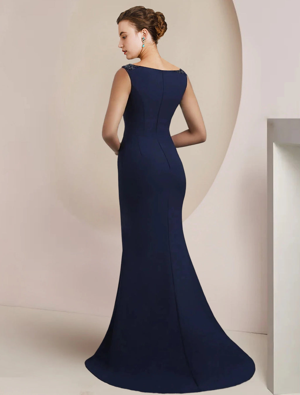 Dark Navy Floor-Length Sheath/column Dress with Beaded Shoulders & Cape Sleeves
