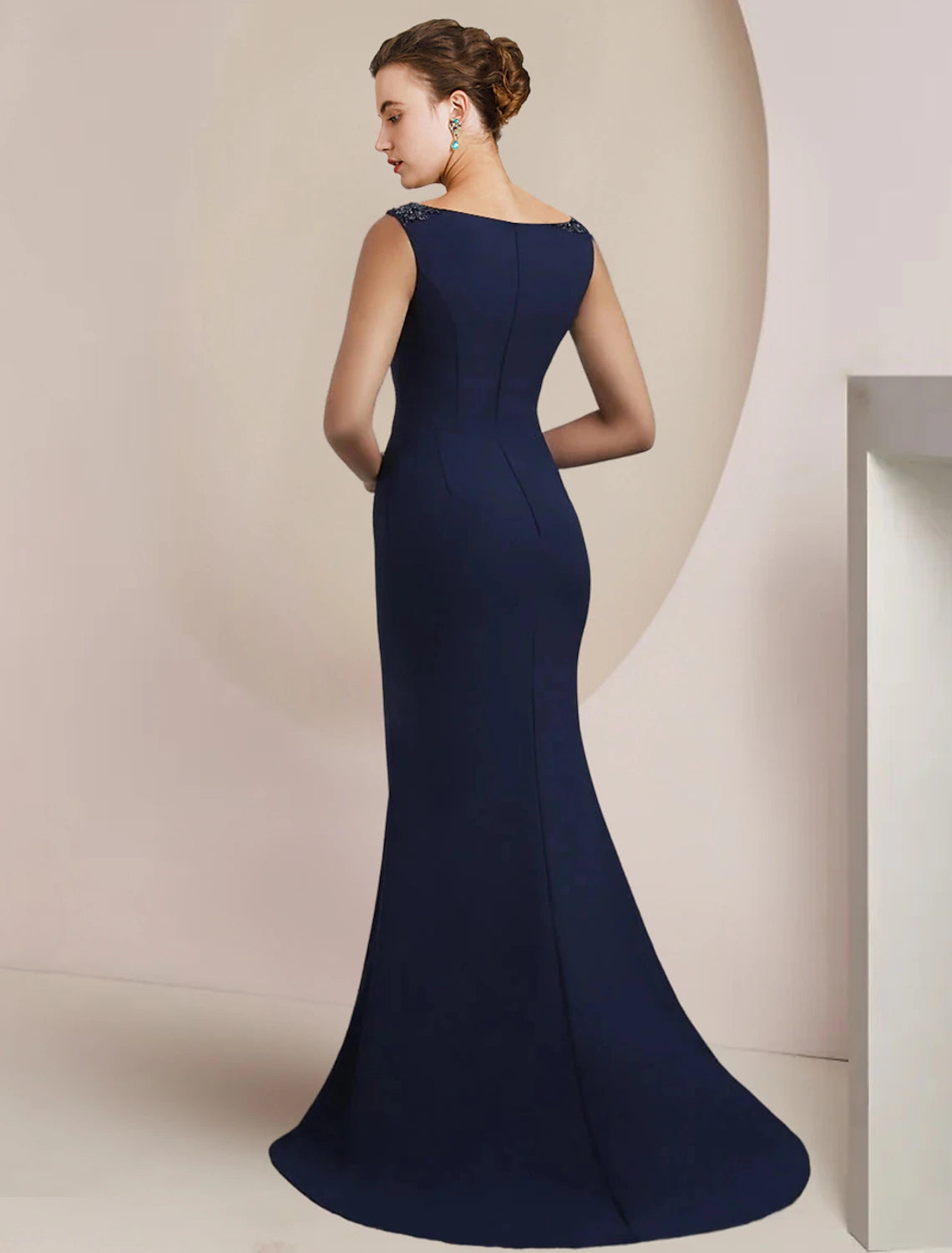Dark Navy Floor-Length Sheath/column Dress with Beaded Shoulders & Cape Sleeves