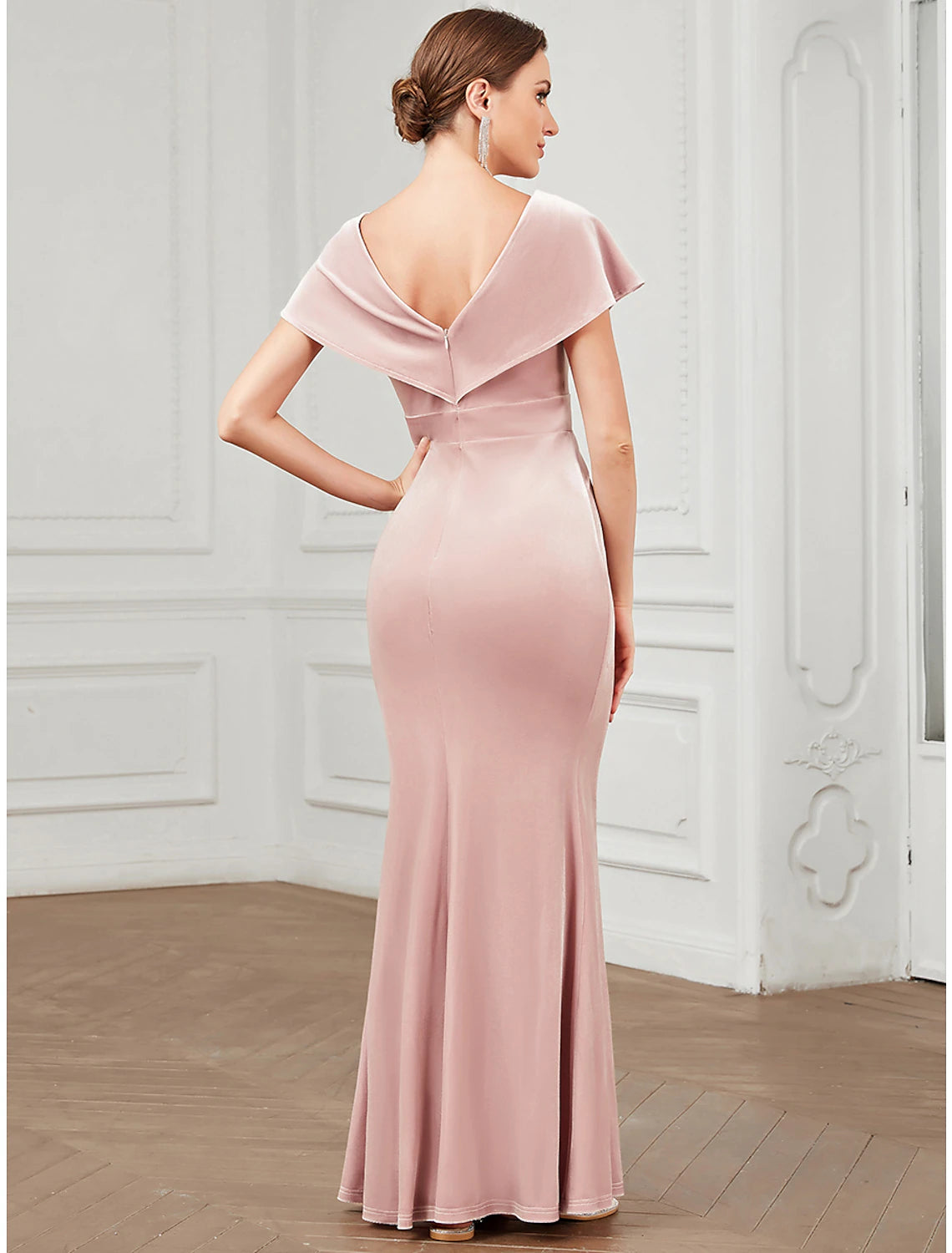 Blushing Pink Velvet Mermaid V-Neck Floor-Length Evening Dress with Draped Bodice
