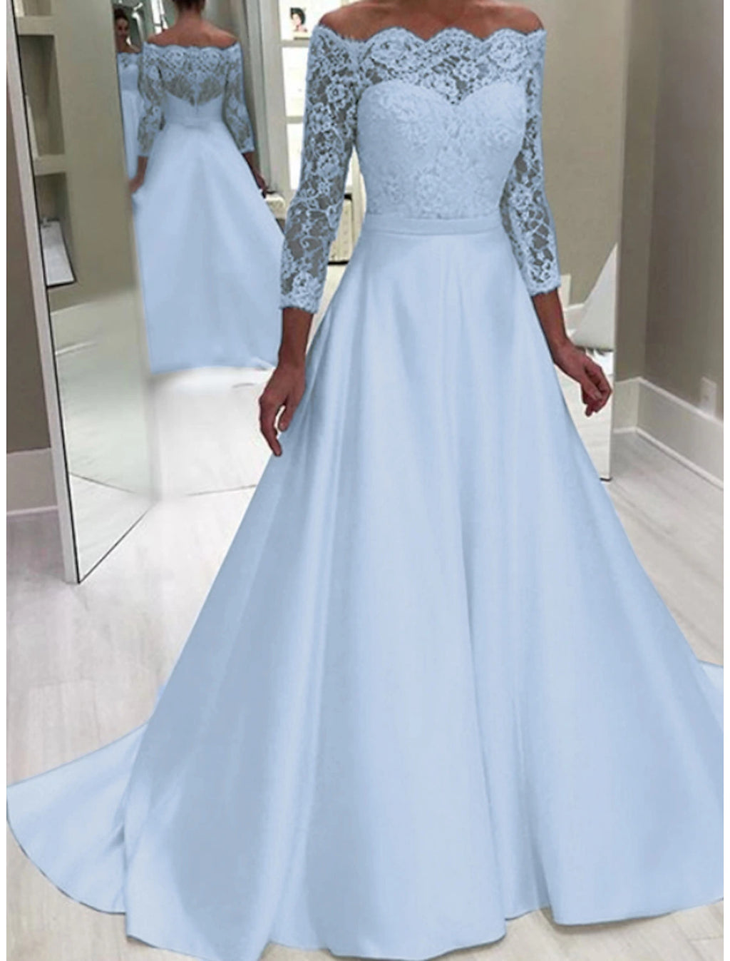 Vestidos de novia formales de compromiso, vestido de fiesta, hombros descubiertos, manga larga, cola de corte, vestidos de novia de satén con apliques de cuentas