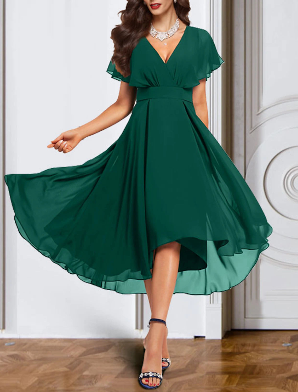 Emerald Chiffon A-Line High-Low Dress with Flutter Sleeves