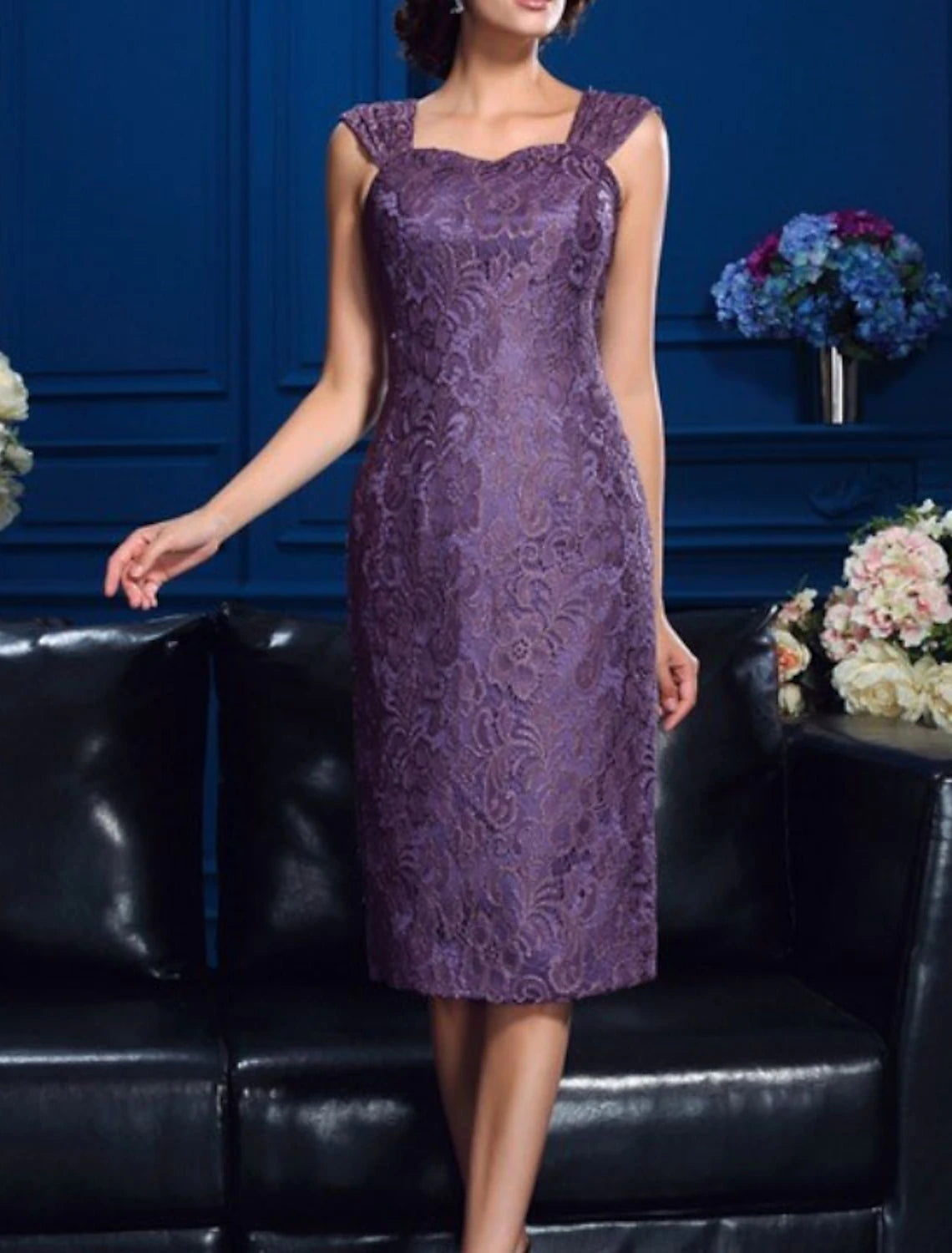 Abito da sposa a tubino/colonna in due pezzi, elegante, da chiesa, con scollo gioiello, lunghezza al ginocchio, in chiffon, pizzo, maniche lunghe, con applicazioni