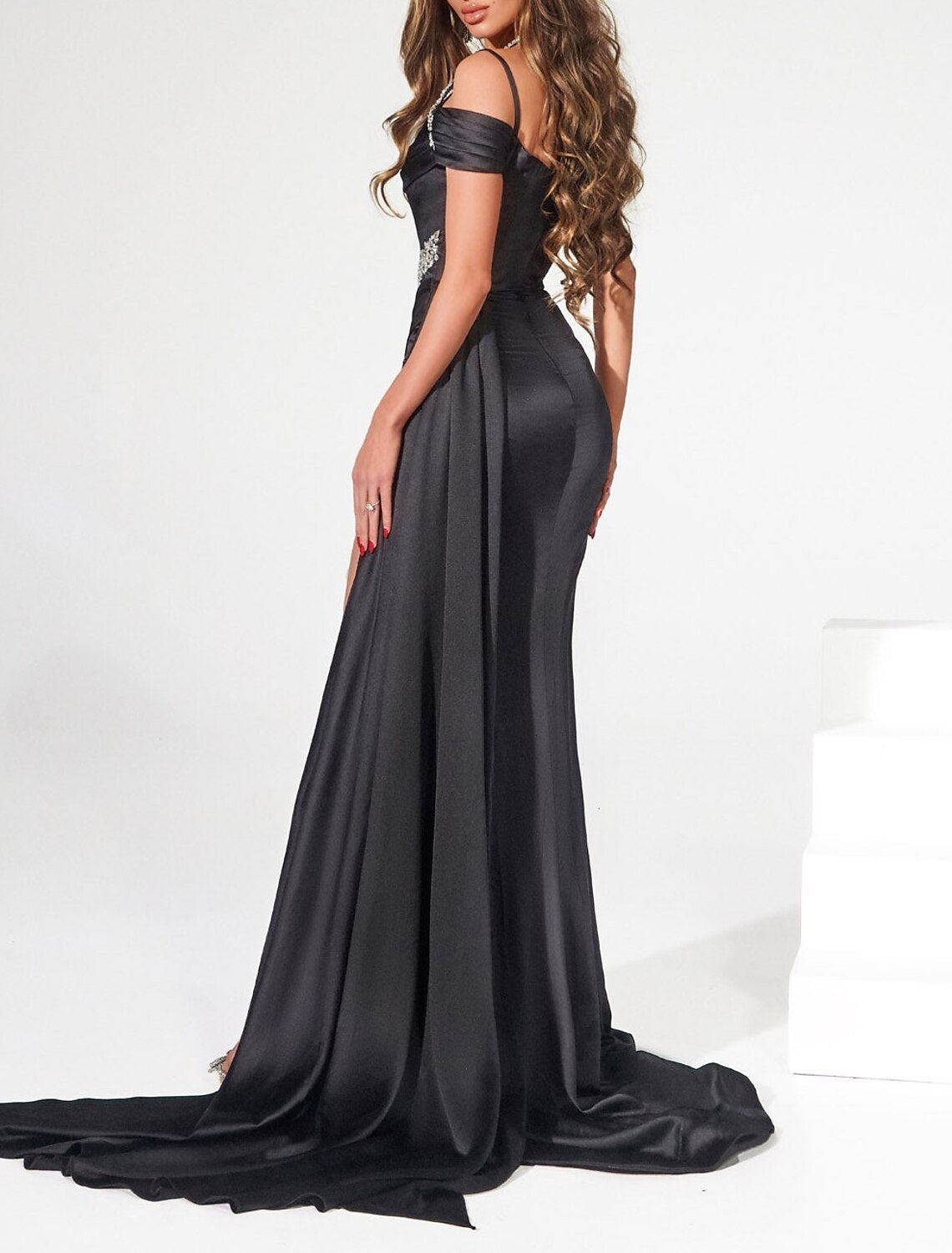 Mermaid / Trumpet Evening Gown Sparkle & Shine Dress Prom Summer Court Train Sleeveless Off Shoulder  Satin with Rhinestone Slit