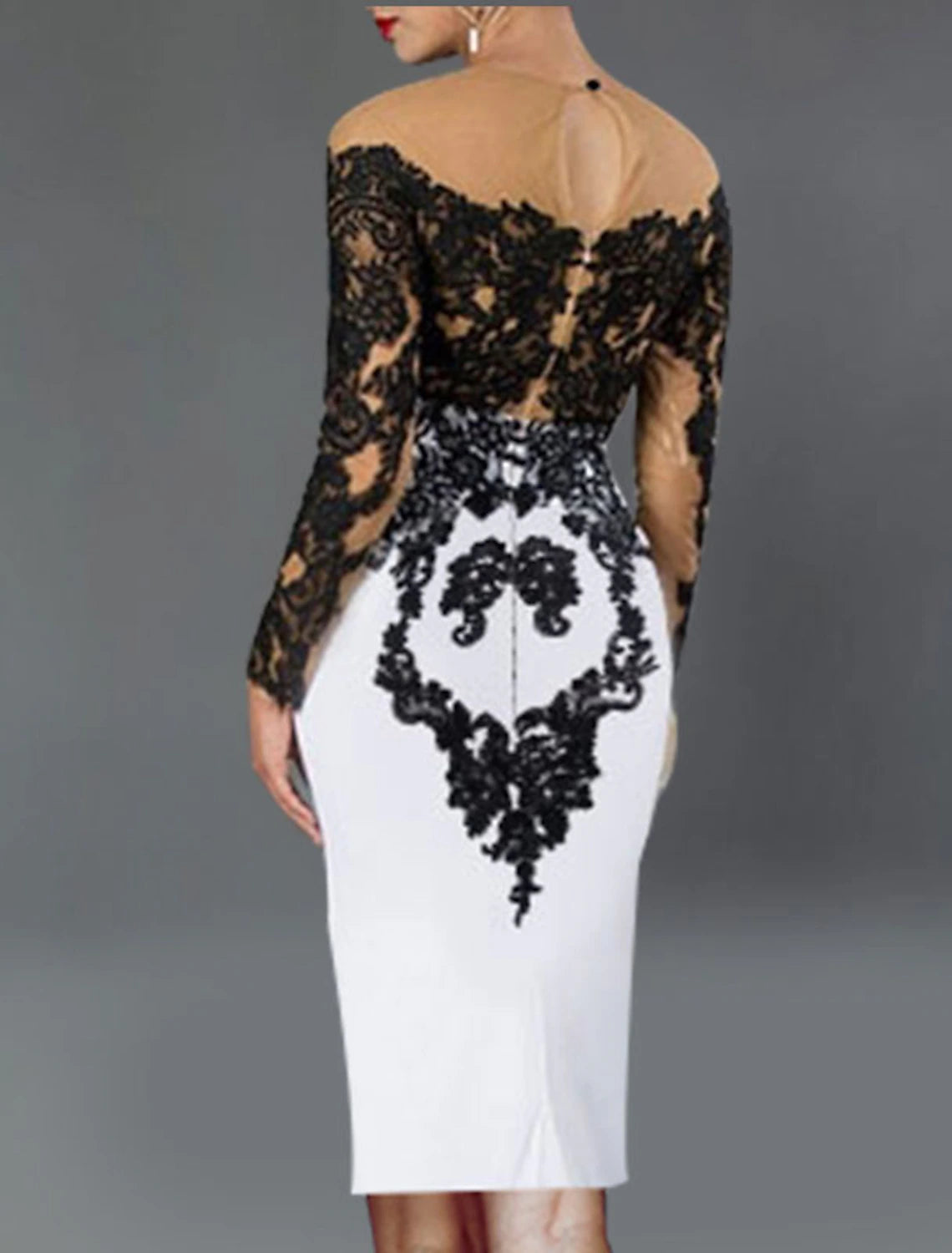 Black Lace Sheath/column Short Dress with Illusion Neckline & Lace Appliqué