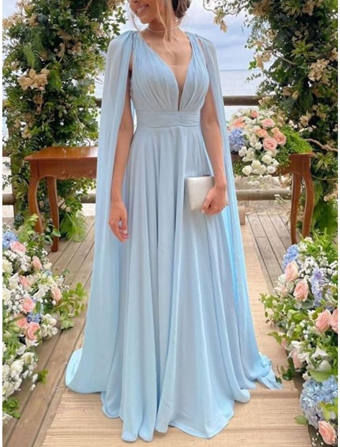 Sky Blue Chiffon A-Line Floor-Length Bridesmaid Dress with V-Neck & Cape Sleeves
