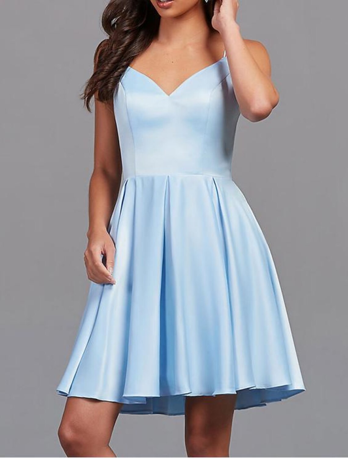Sky Blue Satin A-Line Short V-Neck Dress with Back Zip