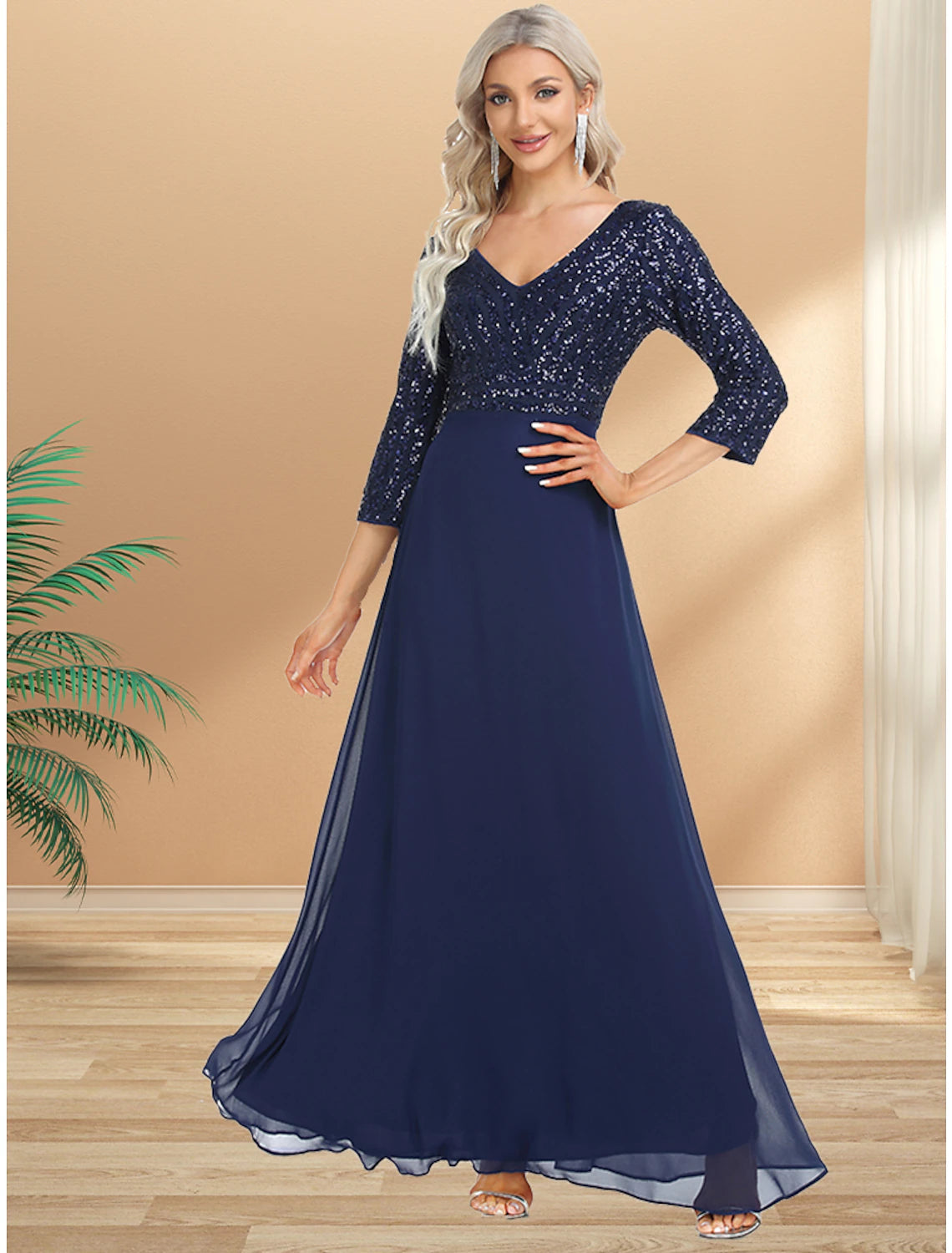 Teal Sequin & Chiffon A-Line V-Neck Floor-Length Gown