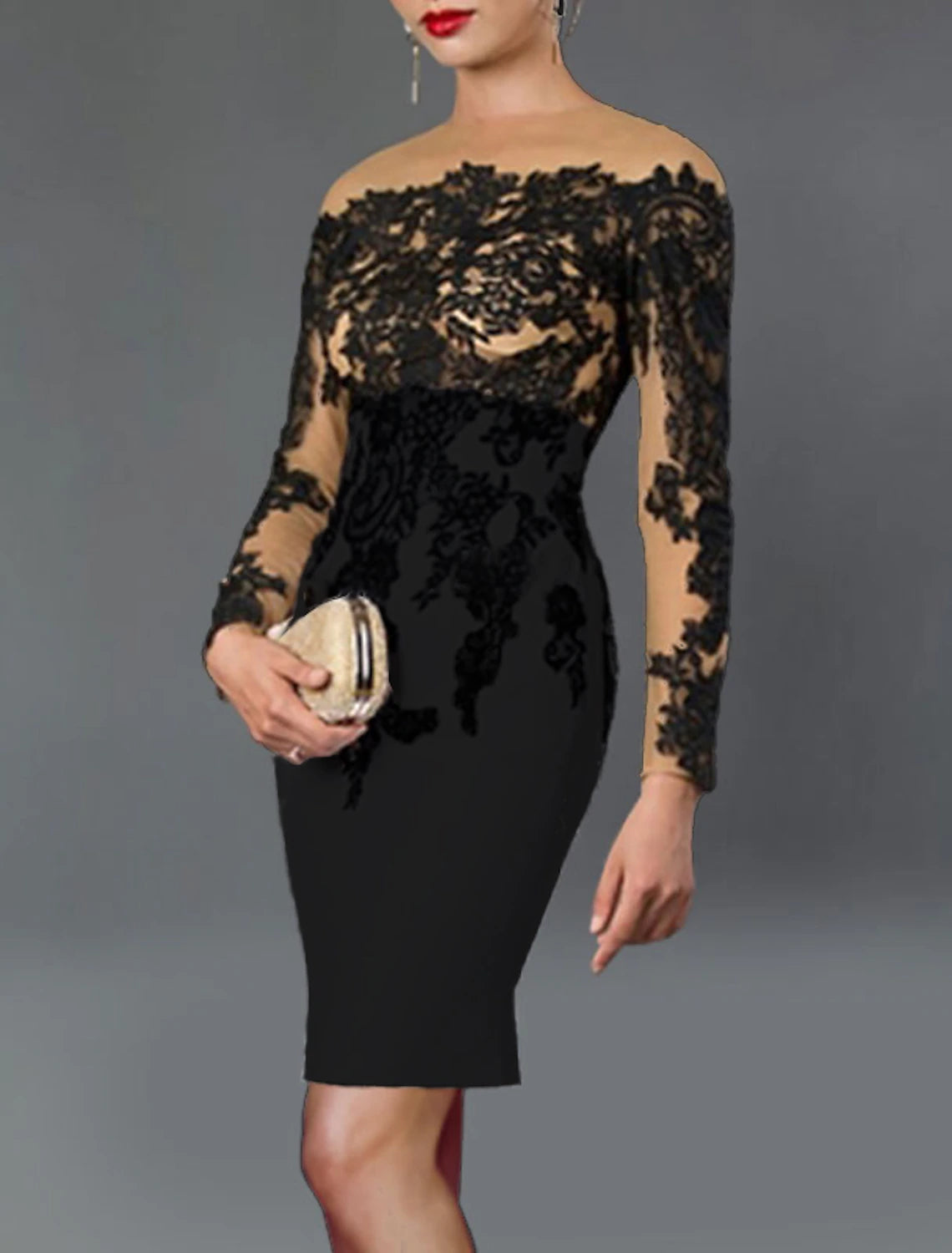 Sheath / Column Cocktail Black Dress Plus Size Elegant Dress Fall Wedding Guest Dress For Mother ColorBlock Tea Length Long Sleeve Off Shoulder  Crepe with Appliques