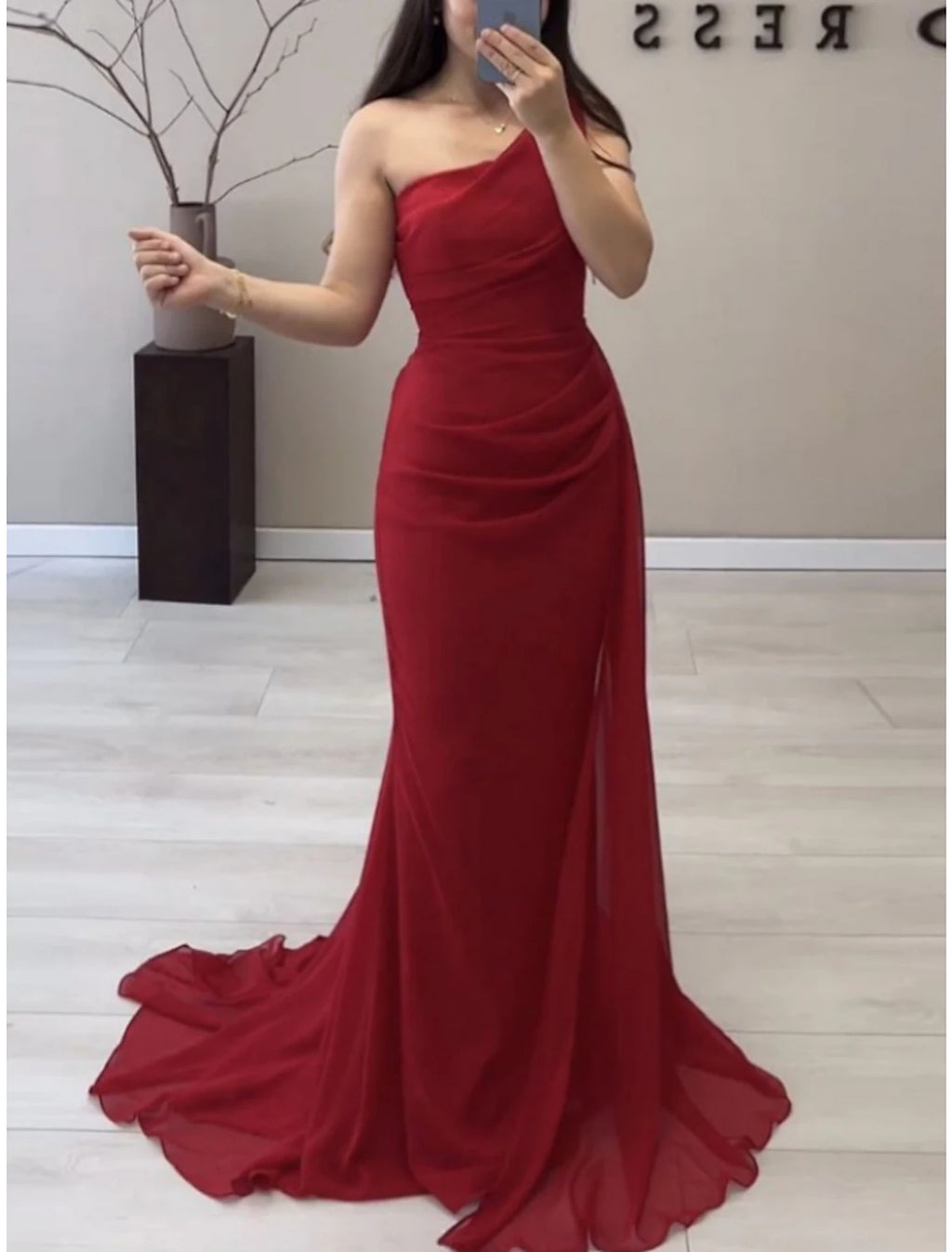 Red Chiffon One Shoulder Sheath/column Floor-Length Evening Dress with High Slit