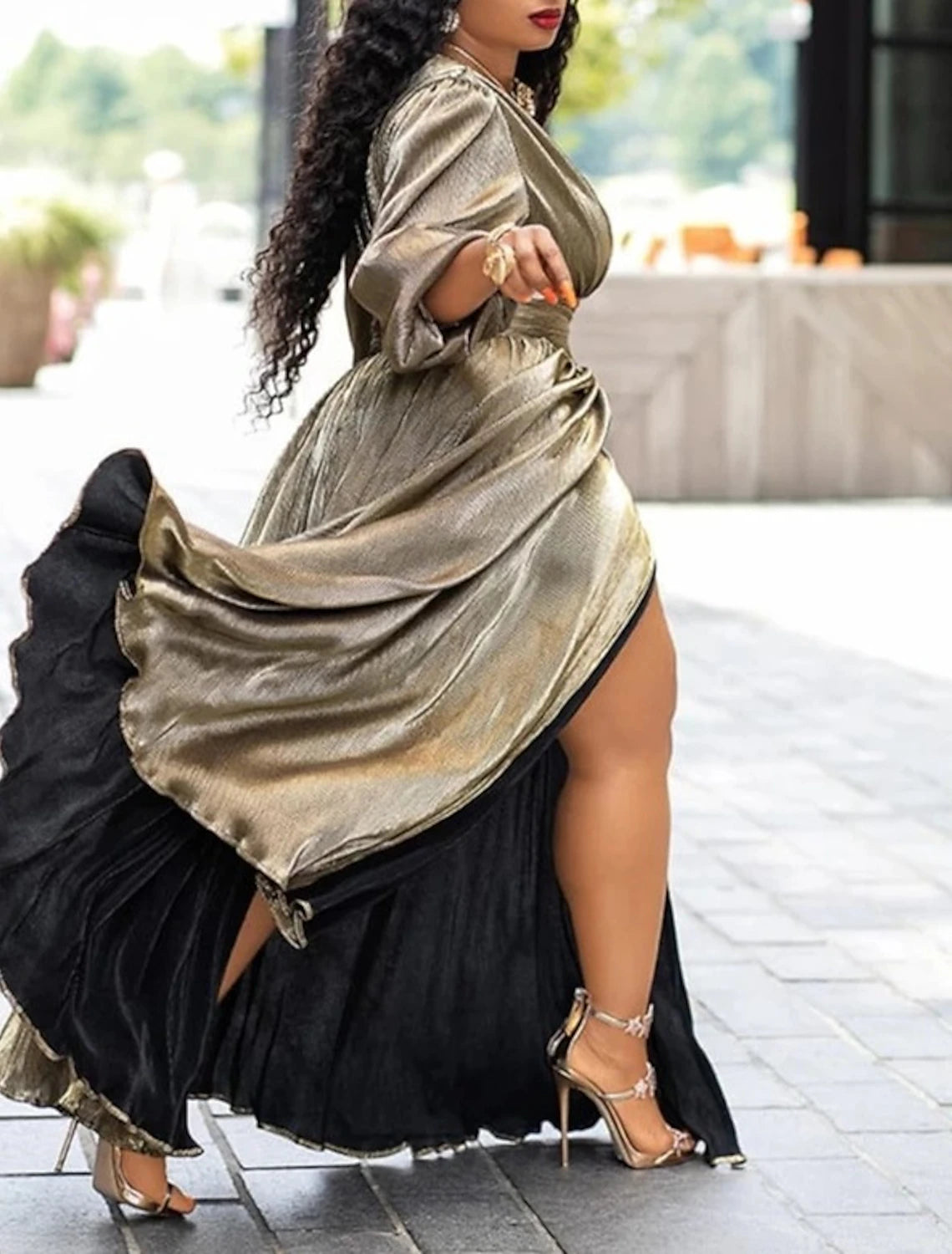 Abiti da ballo a trapezio, scintillanti, per le feste, per gli invitati alle nozze, lunghi fino al pavimento, maniche lunghe, scollo a V, tessuto in lurex con spacco glitterato