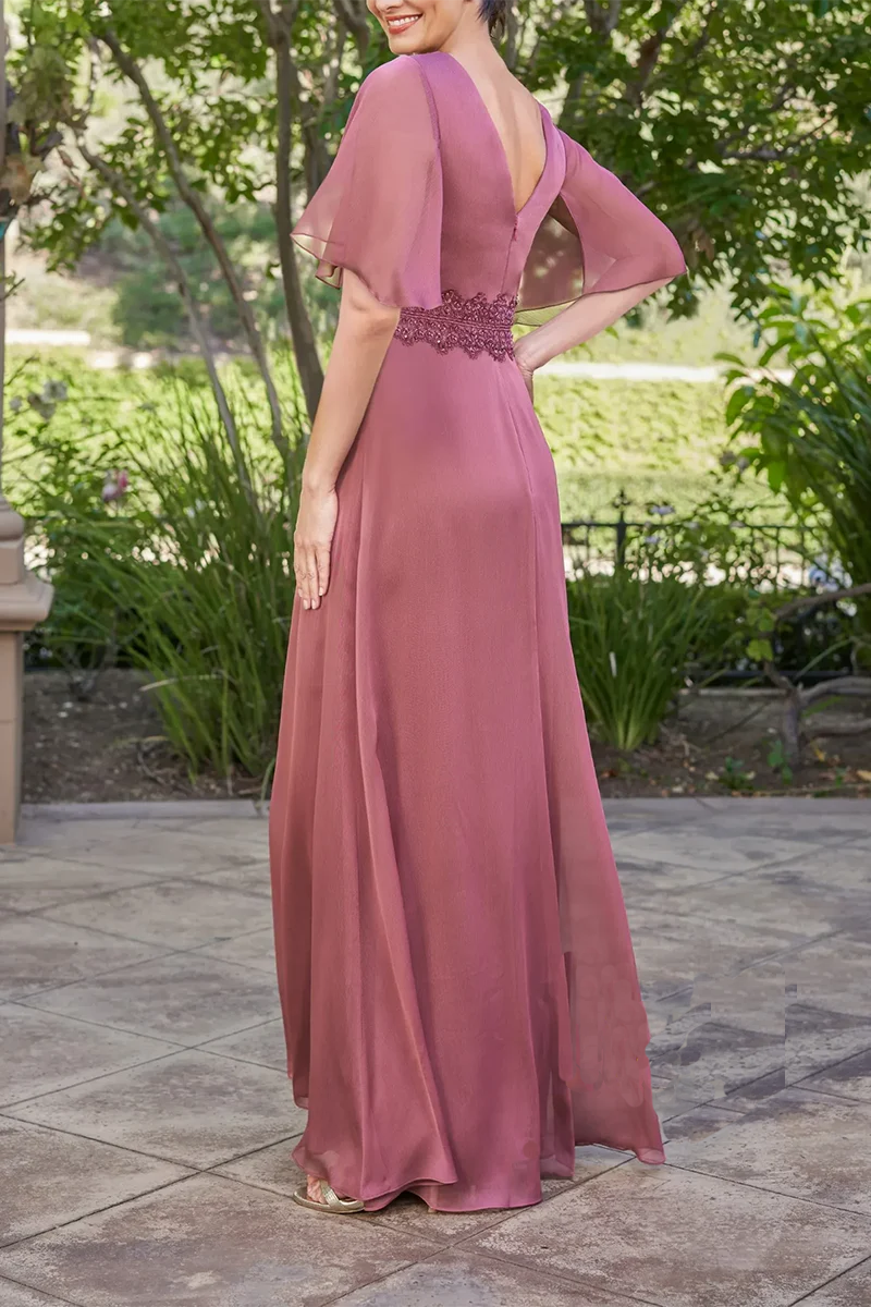 Dusty Rose Chiffon A-Line Floor-Length Evening Dress with V-Neck and Flutter Sleeves