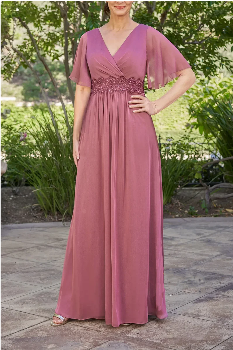 Dusty Rose Chiffon A-Line Floor-Length Evening Dress with V-Neck and Flutter Sleeves