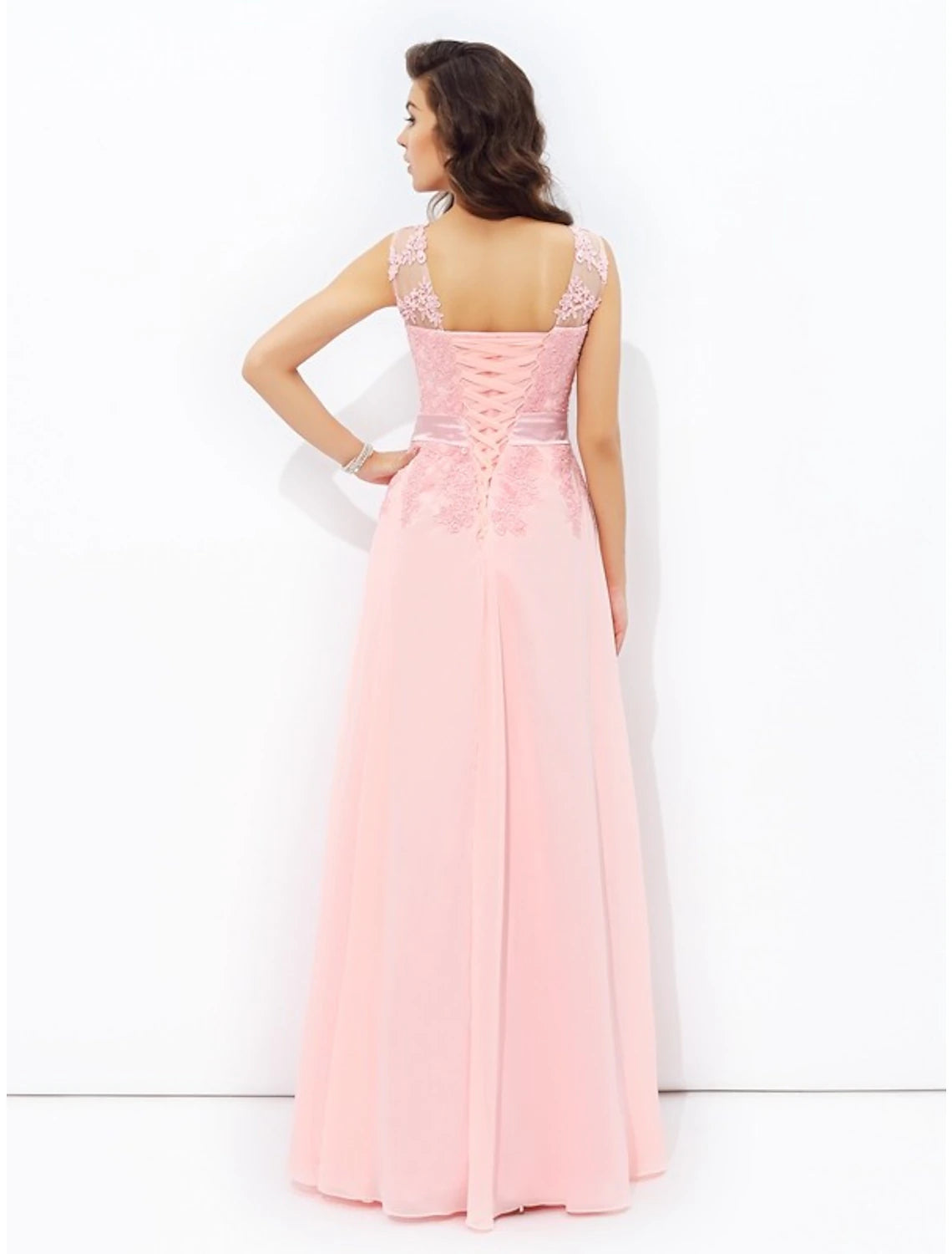 Blushing Pink Chiffon A-Line Floor-Length Bridesmaid Dress with Illusion Neck and Back Zip