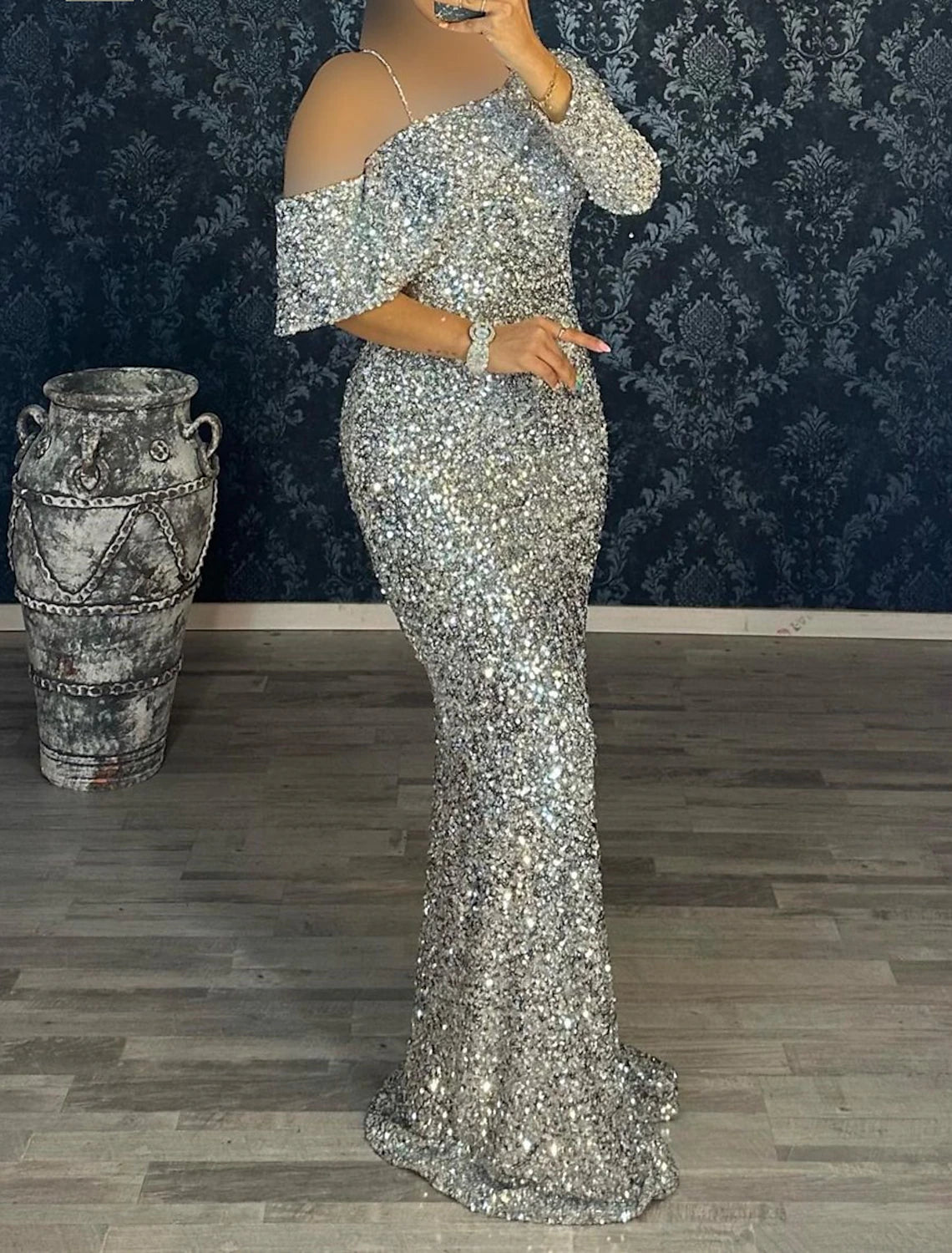 Mermaid Dress Evening Gown Red Green Dress Cocktail Party Sweep / Brush Train Long Sleeve One Shoulder Sequined with Sequin