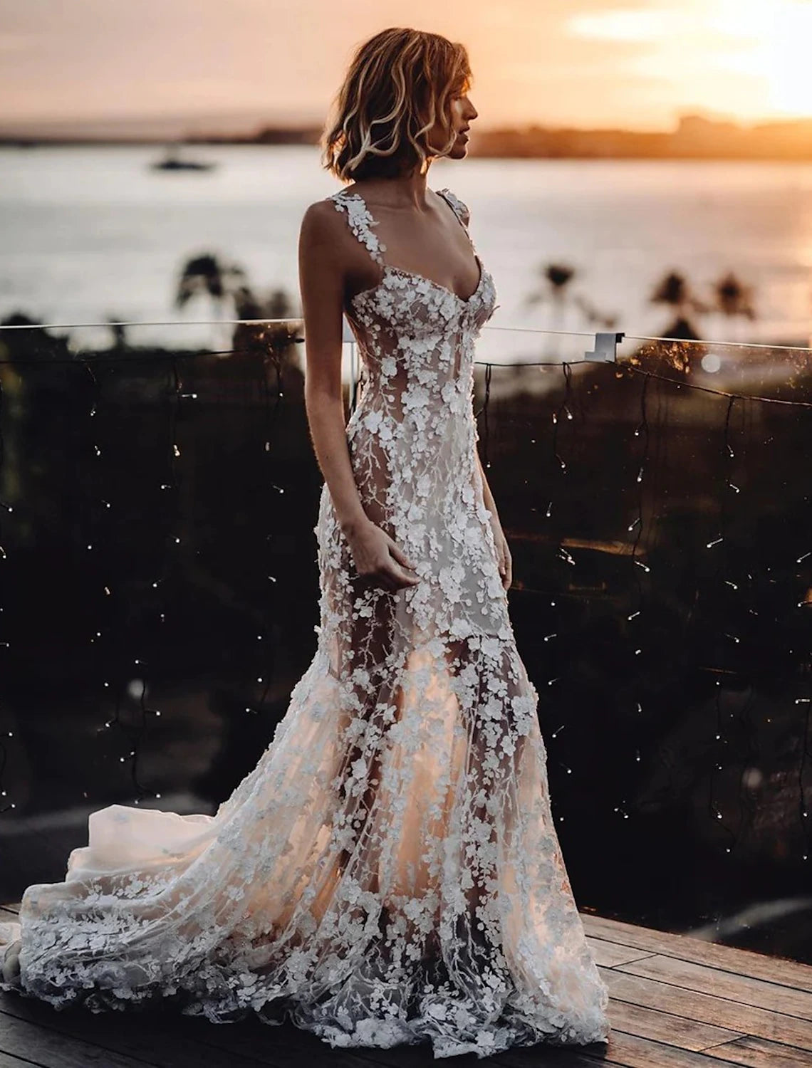 Vestidos de novia bohemios sexys de playa, corte sirena/trompeta, escote corazón, tirantes finos, cola de corte, encaje, con apliques, para bodas de verano y otoño 2025, ropa de mujer