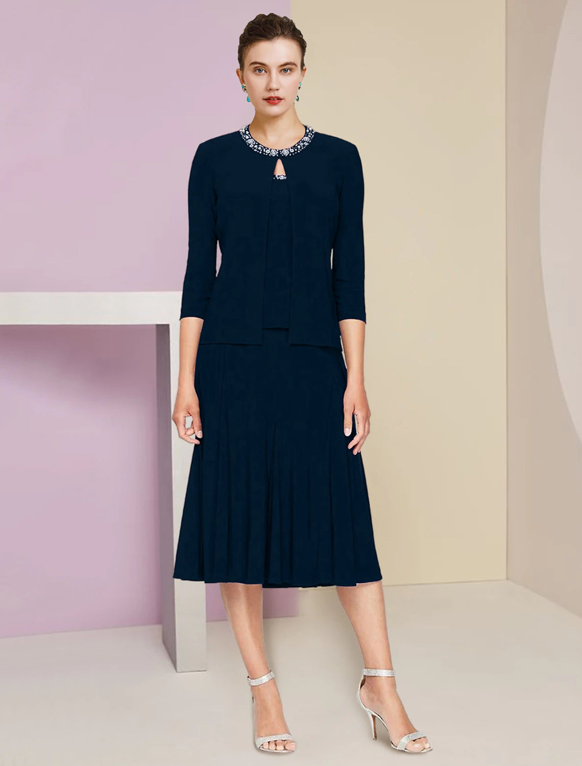 Dark Navy Crepe A-Line Tea-Length Evening Dress with Embellished Keyhole Neckline and Pleated Skirt