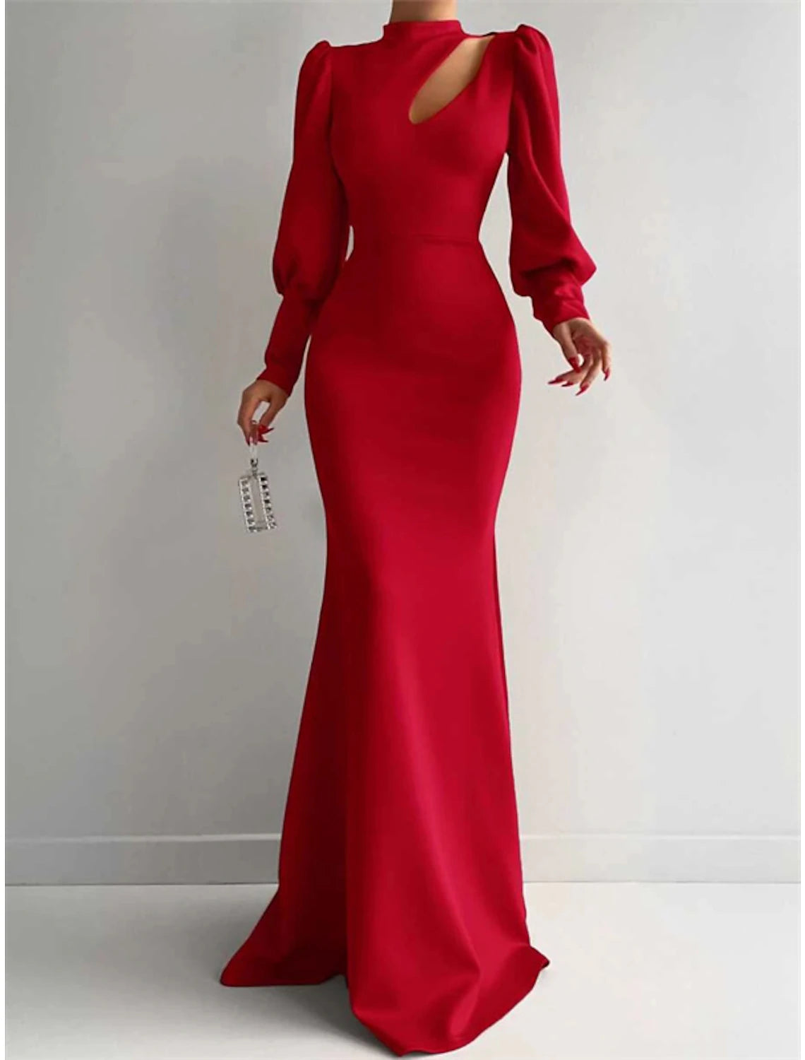 Mermaid Evening Gown Elegant Dress Formal Red Green Dress Sweep / Brush Train Long Sleeve High Neck Satin with Ruched