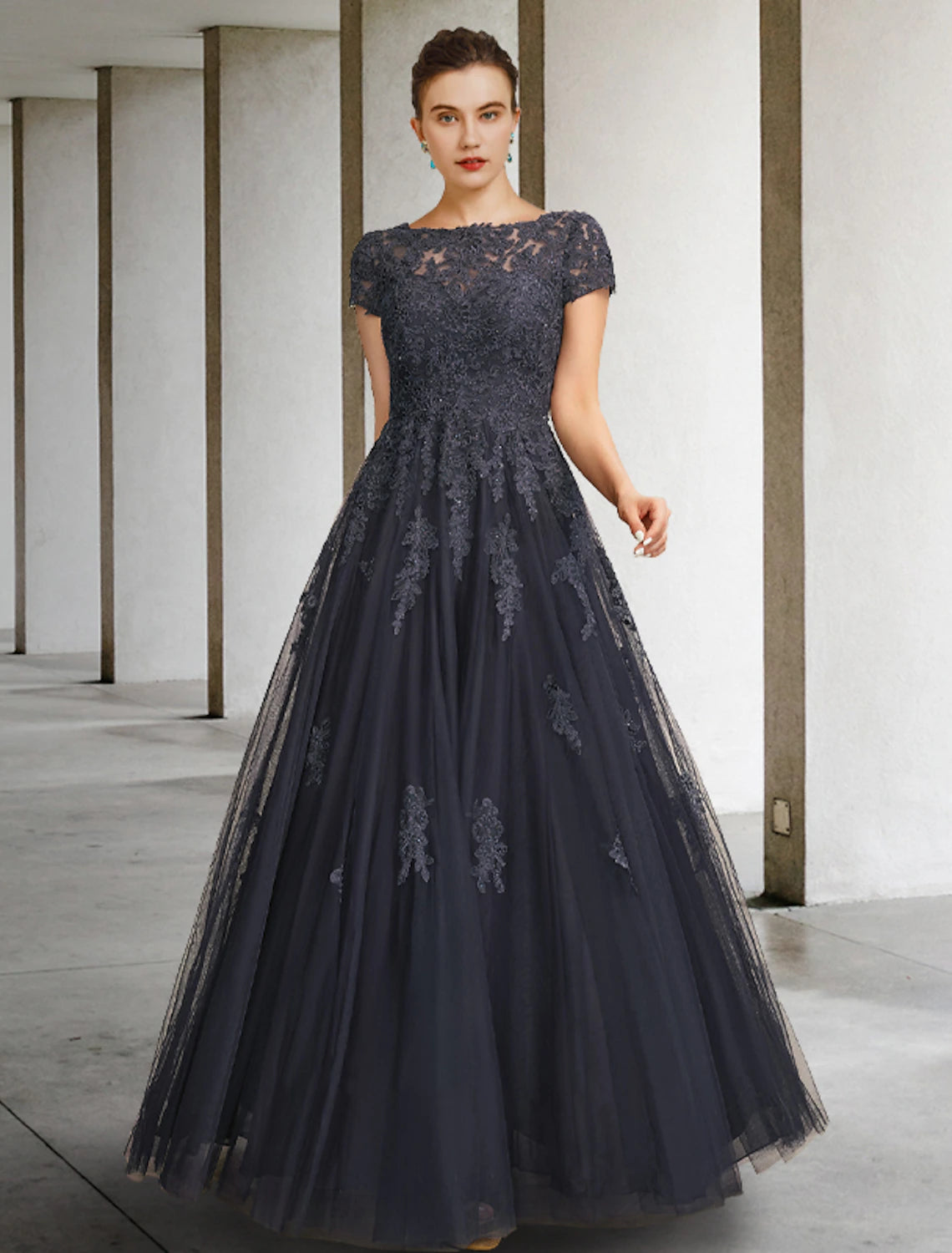 Grey A-Line Lace Tulle Floor-Length Evening Dress