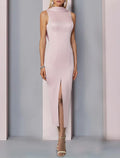Blushing Pink Satin Sheath/column Midi Dress with High Neck and Front Slit