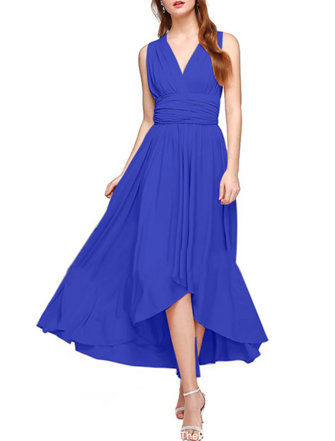 Champagne Chiffon A-Line High-Low Bridesmaid Dress with V-Neck and Ruched Bodice