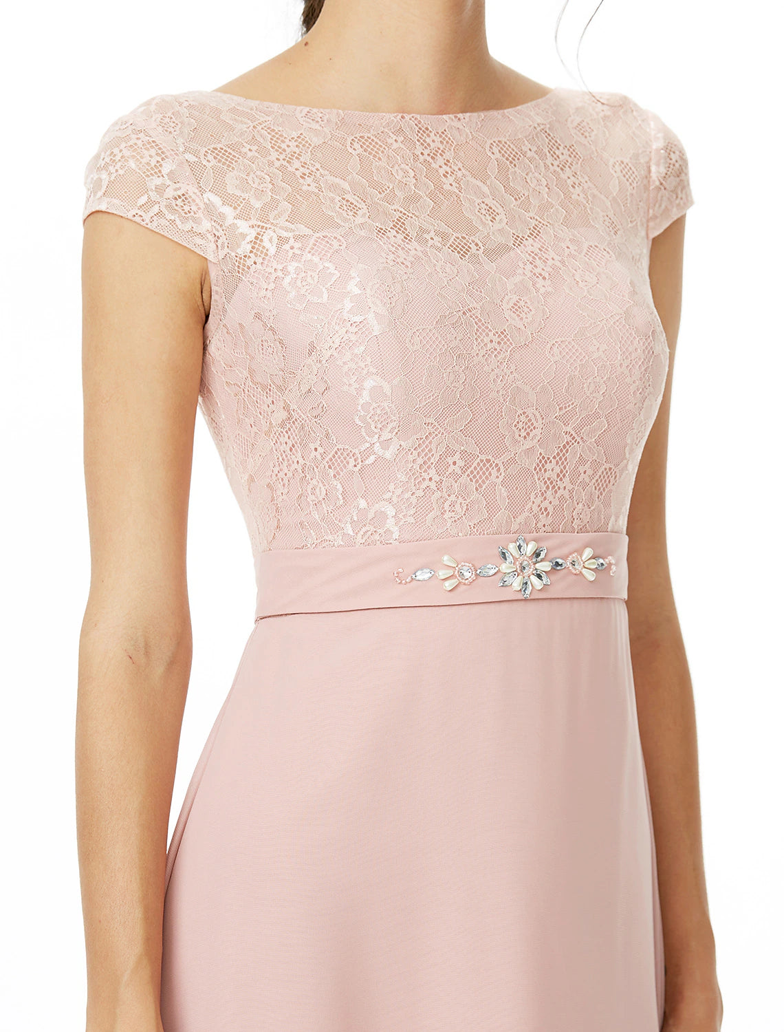 Vestido de dama de honor con corte tubo, escote barco, manga corta, elegante, largo hasta el suelo, de gasa, con encaje, fajín, cinta y lazo.