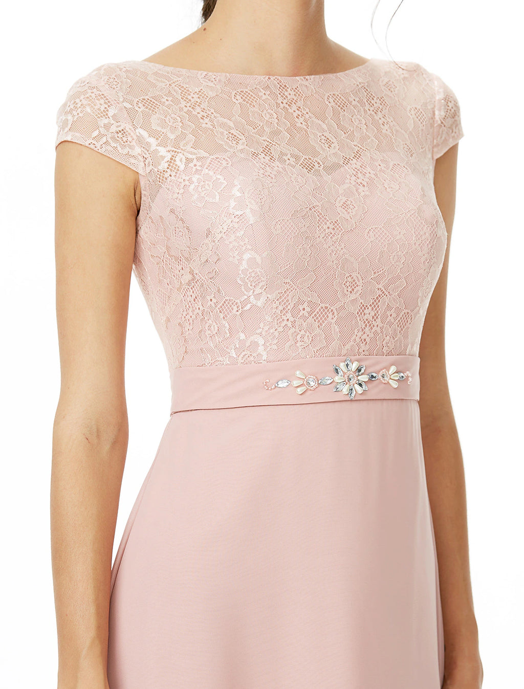 Vestido de dama de honor con corte tubo, escote barco, manga corta, elegante, largo hasta el suelo, de gasa, con encaje, fajín, cinta y lazo.