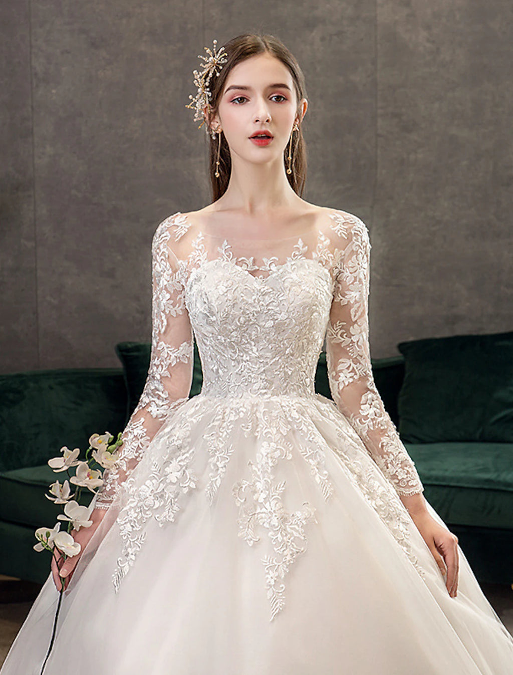 Ivory Lace Ball Gown Floor-Length Wedding Dress with Illusion Long Sleeves