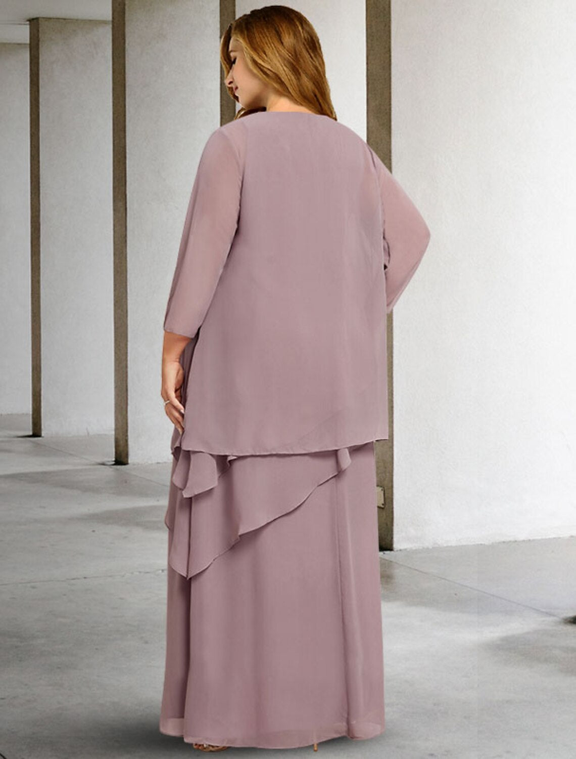 Vestido de dos piezas de corte A para madre de la novia, talla grande, con curvas ocultas en el vientre, elegante, formal, largo hasta el suelo, sin mangas, cuello joya, gasa con volantes de lentejuelas y apliques