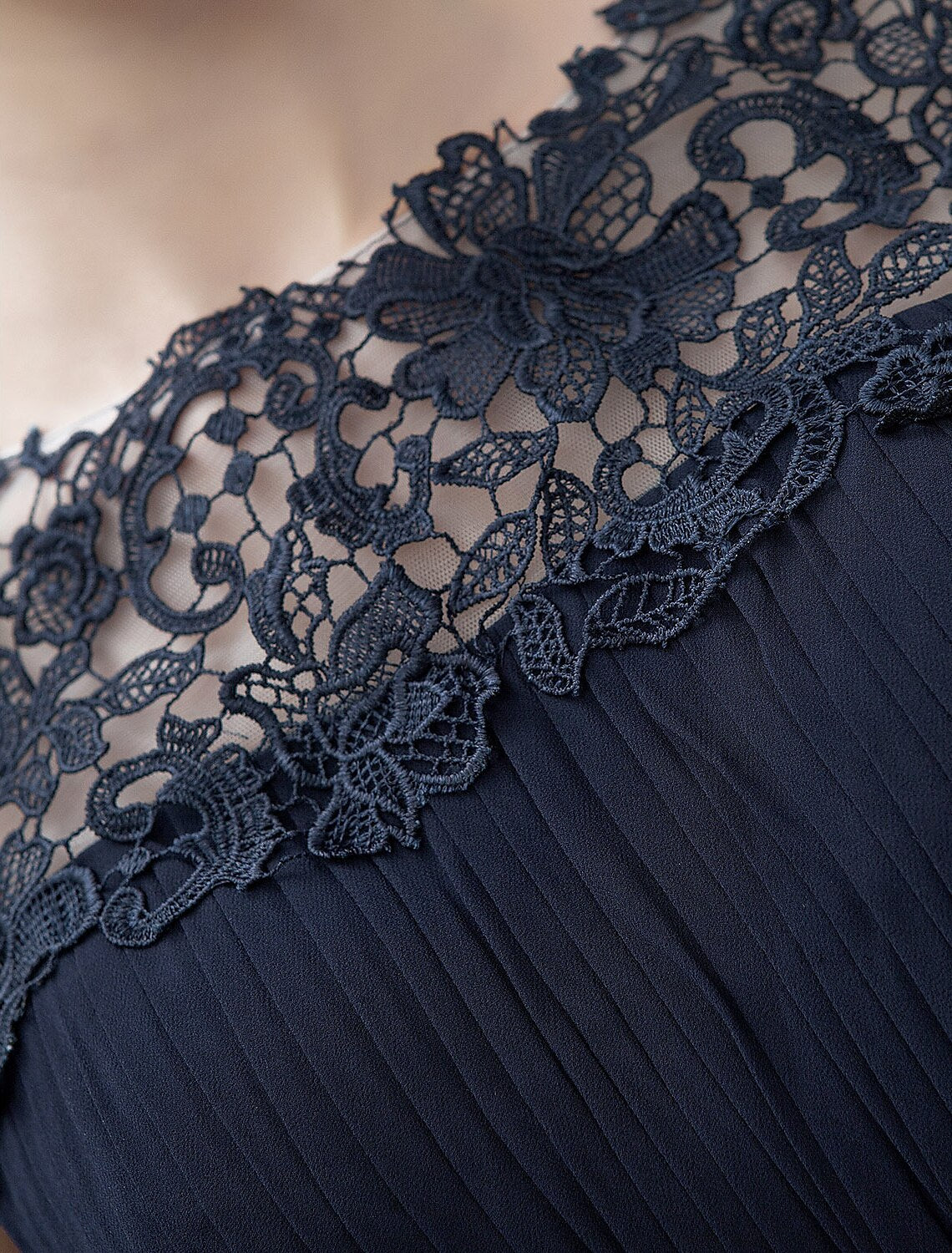 Dark Navy Chiffon A-Line Floor-Length Dress with Lace Overlay Bodice