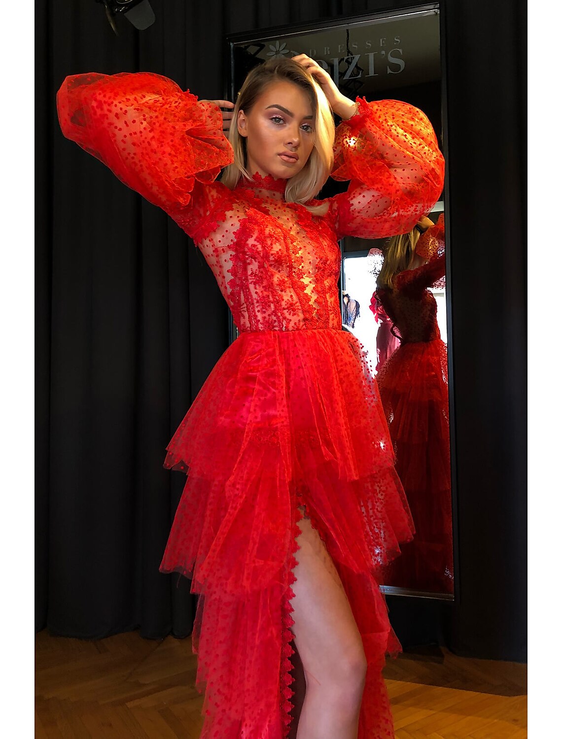 Red Lace High Neck A-Line High-Low Evening Dress with Lace Bodice and Puff Sleeves