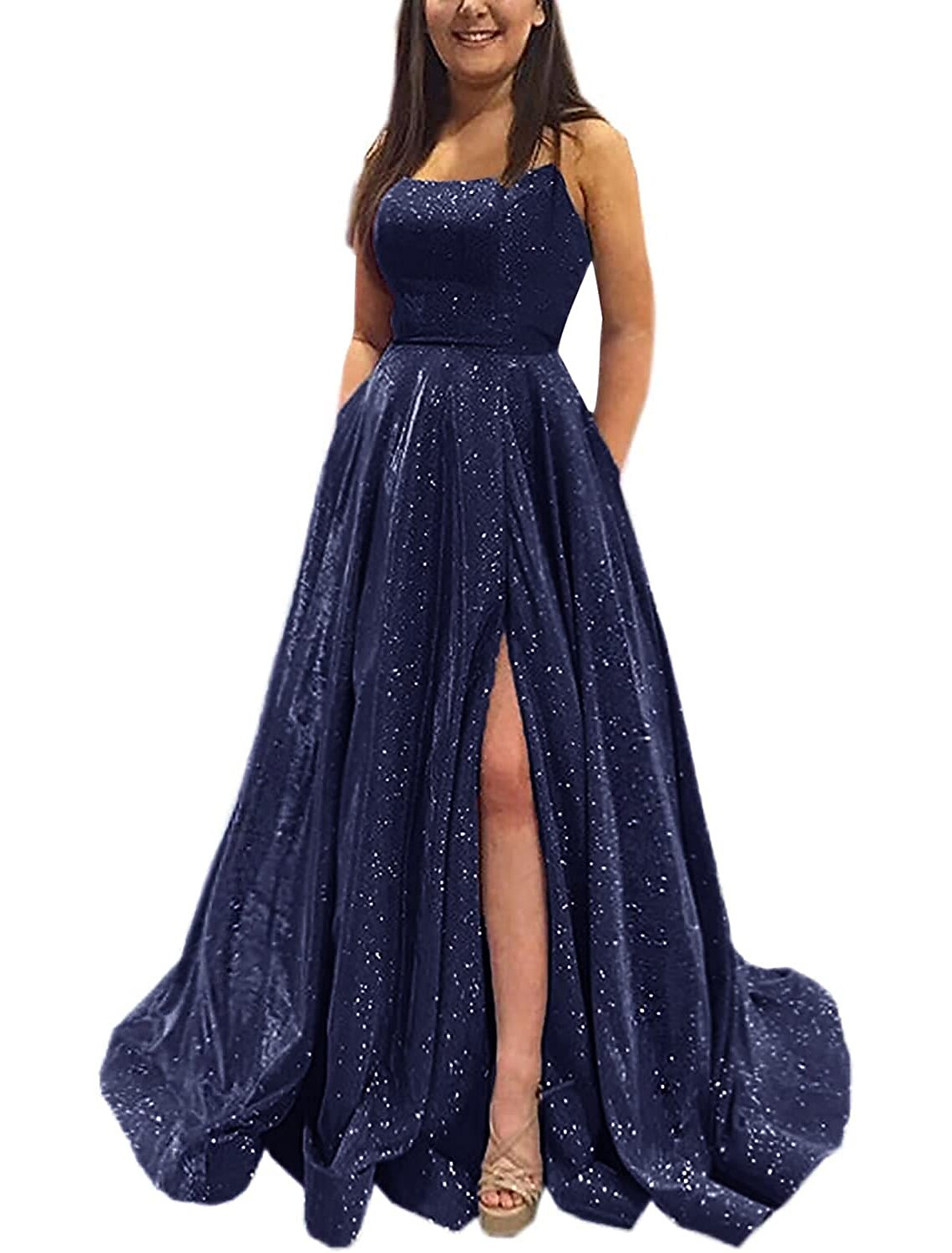 Abiti da ballo a trapezio, scintillanti e brillanti, lunghi fino al pavimento, senza maniche, senza spalline, in raso, senza schienale, con tasca a fessura