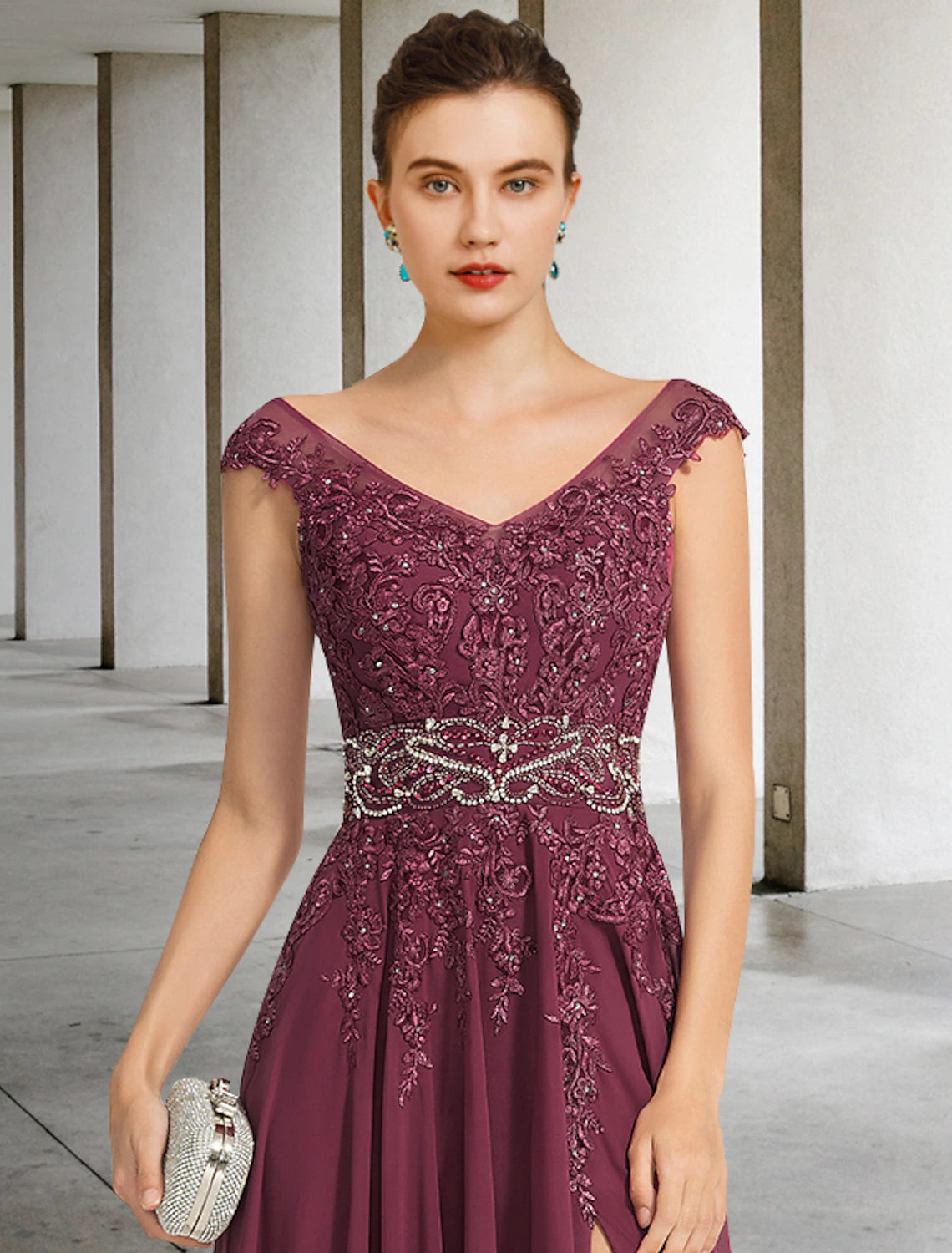 Burgundy Chiffon A-Line Floor-Length V-Neck Gown with Lace Bodice & High Slit