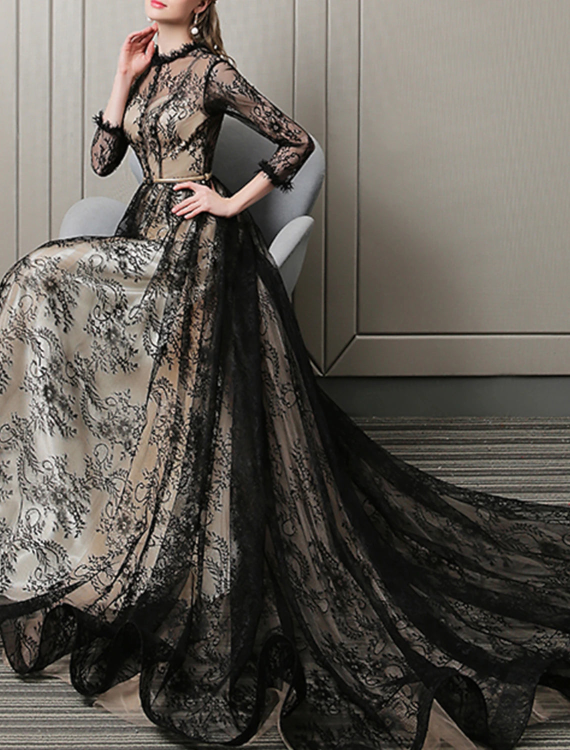 A-Line Evening Gown Cut Out Dress Wedding Guest Formal Evening Sweep / Brush Train 3/4 Length Sleeve Jewel Neck Lace with Pattern / Print 2025