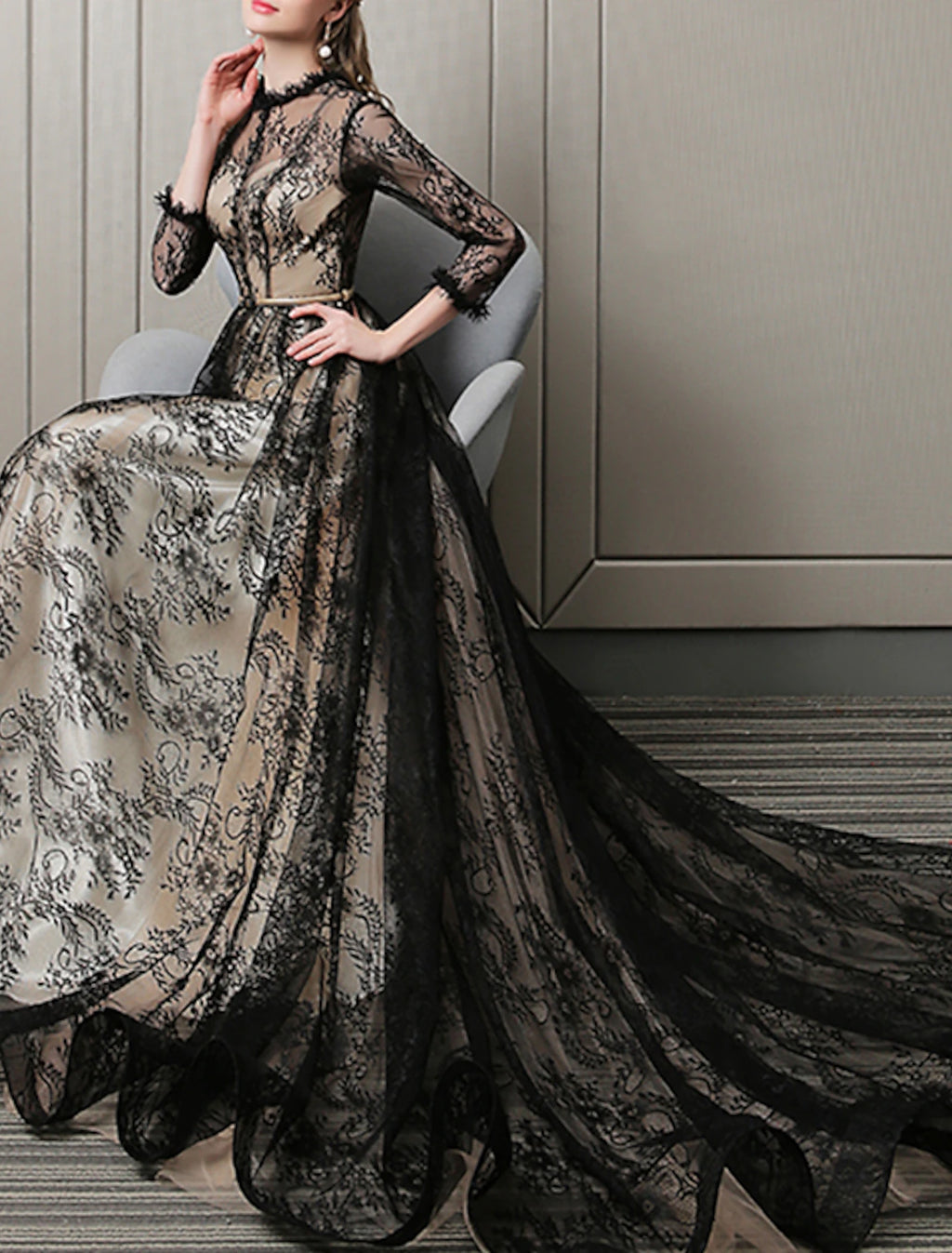 Black Lace A-Line Floor-Length Evening Dress with Lace overlay and High neck
