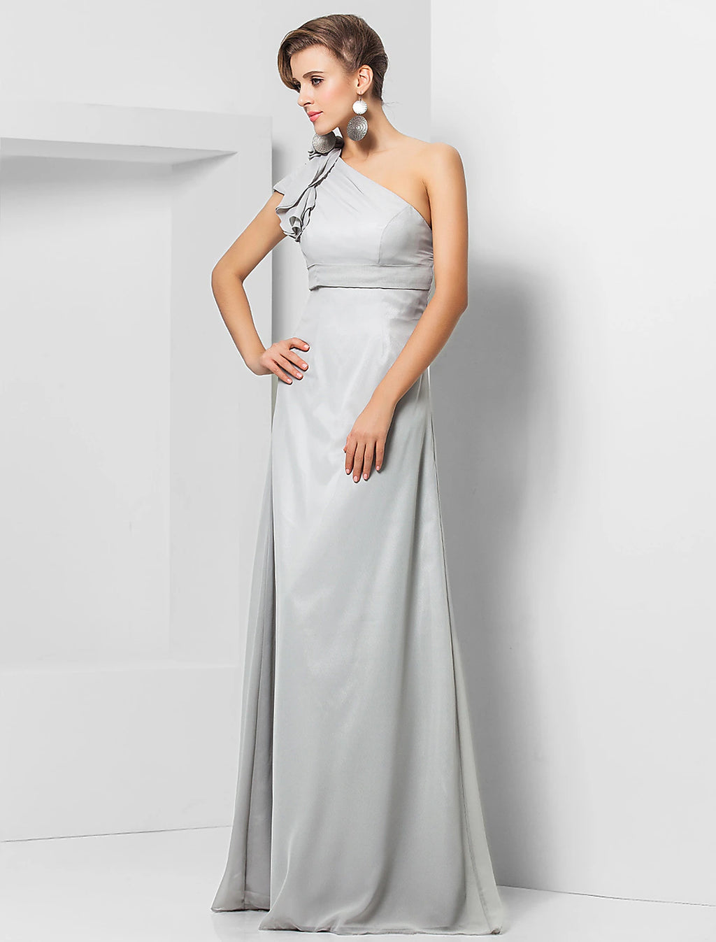 Vestido elegante de fiesta para invitados de boda, de noche, largo hasta el suelo, sin mangas, con un hombro al descubierto, de gasa, con apliques de faja o cinta.