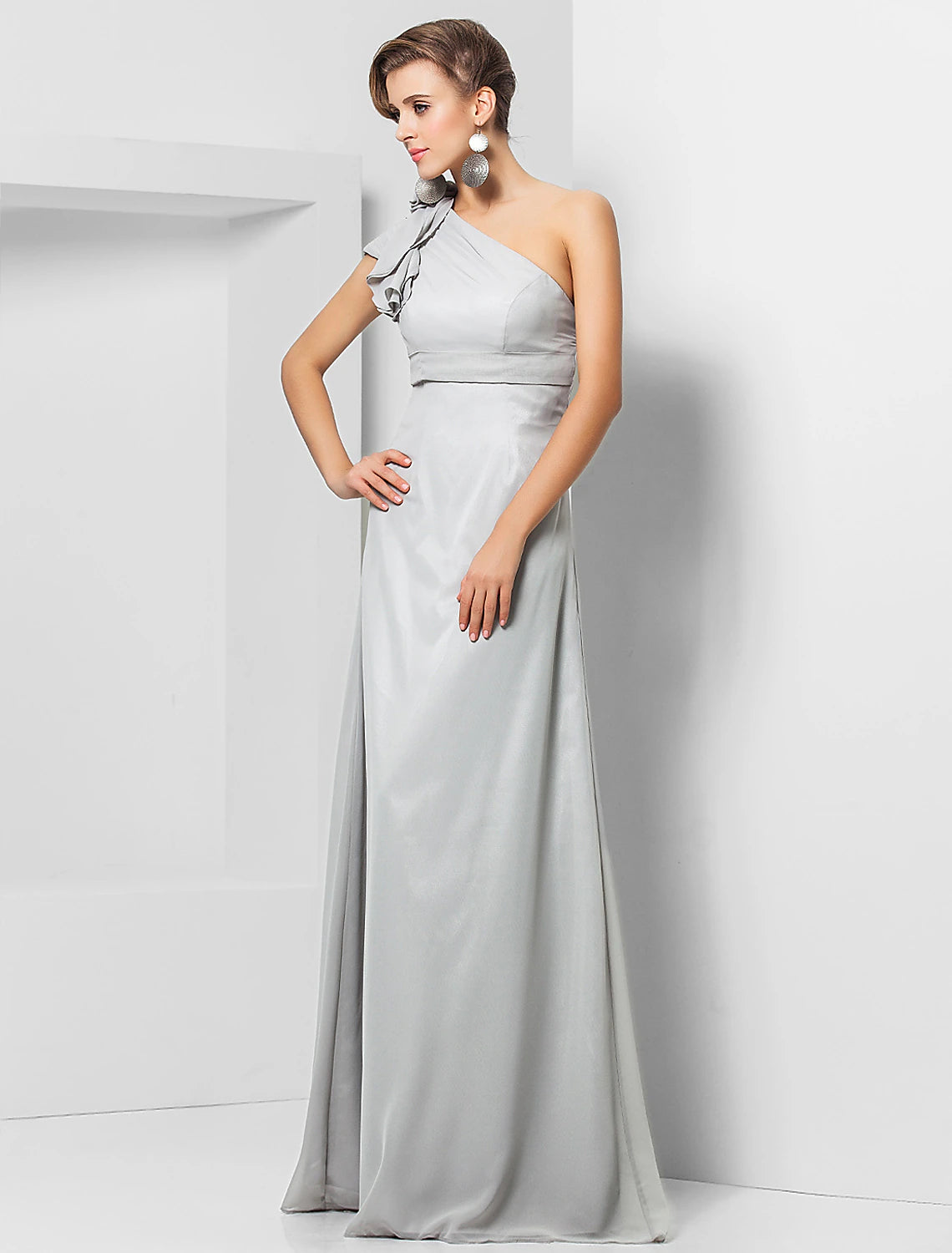 Grey Satin One Shoulder A-Line Floor-Length Dress with Ruffled Detail