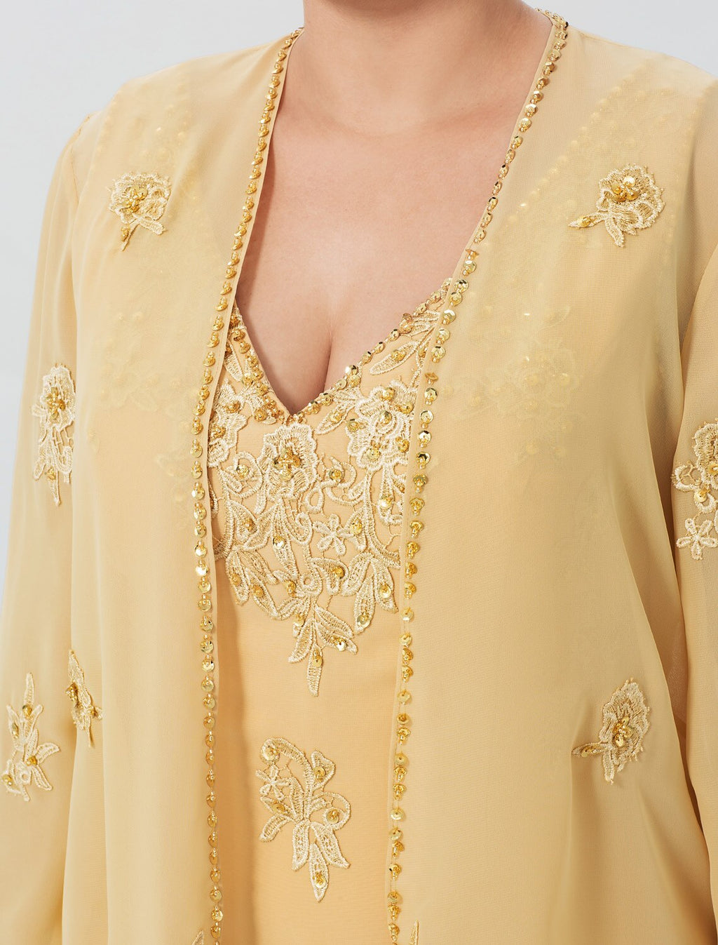 Butter Chiffon A-Line V-Neck Tea-Length Mother of the Bride Two-Piece Dress with Embroidery