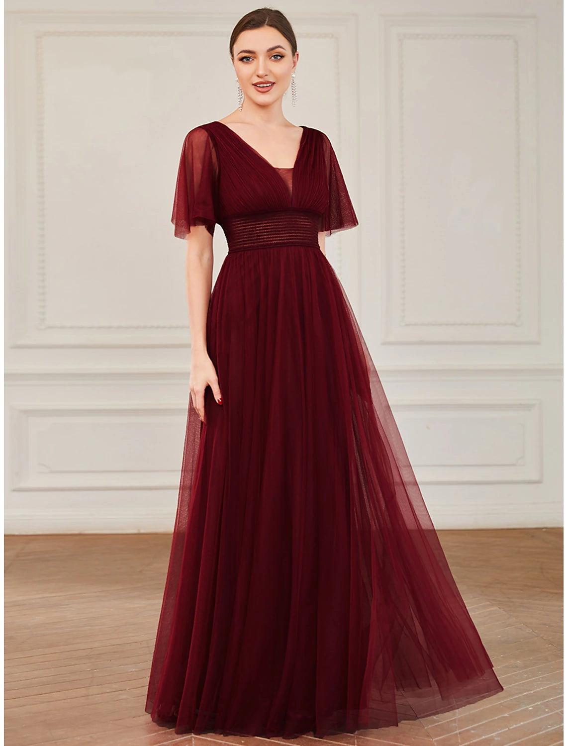Burgundy Tulle A-Line Floor-Length Bridesmaid Dress with V-Neck & Back Zip