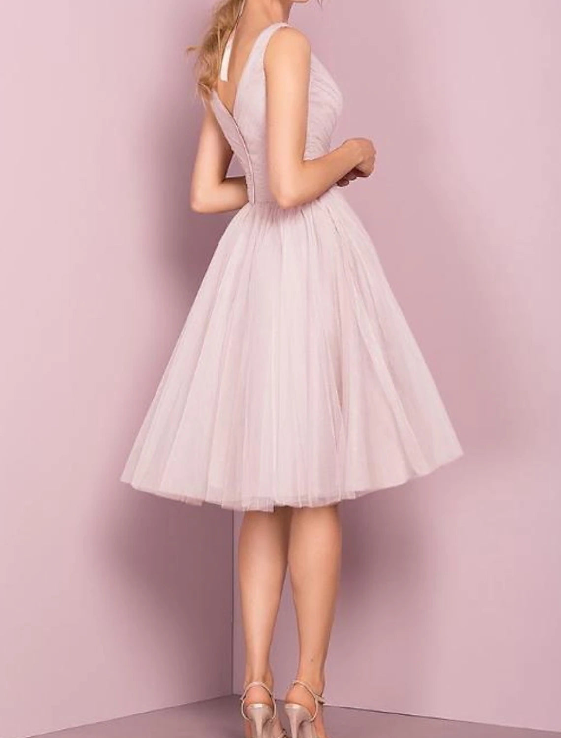 Blushing Pink Tulle A-Line Knee-Length Bridesmaid Dress